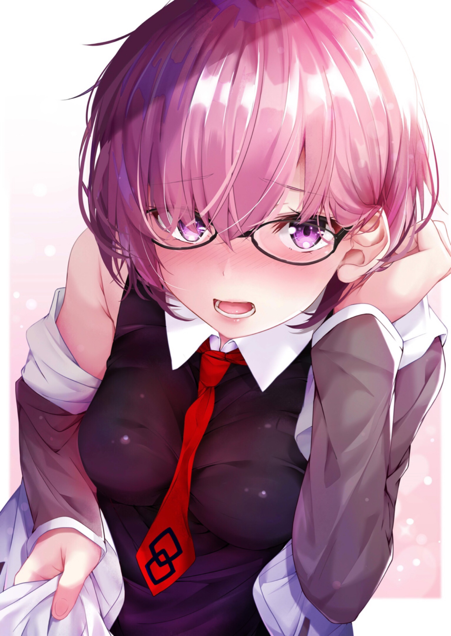 Anime 1532x2162 Fate series Fate/Grand Order anime girls big boobs blushing embarrassed high angle short hair purple hair Mash Kyrielight looking at viewer women with glasses red tie touching hair 2D purple eyes portrait display fan art open mouth pink hair glasses Rouka