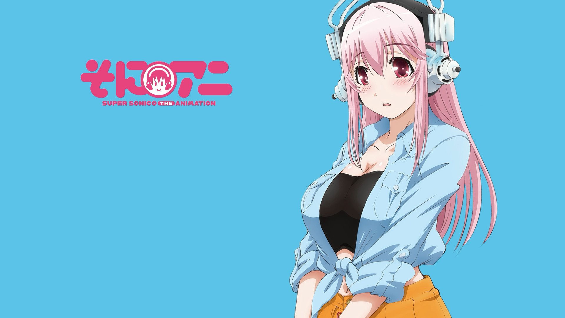 Anime 1920x1080 Super Sonico anime girls anime headphones big boobs pink hair blue background
