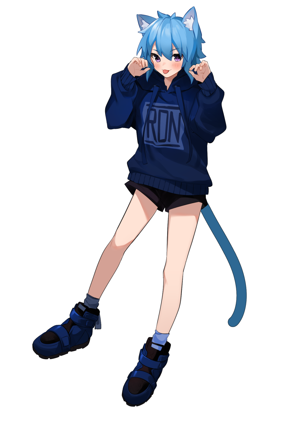 Anime 998x1407 anime anime girls digital art artwork 2D portrait display cat girl animal ears tail blue hair purple eyes tongue out blushing sweater shorts