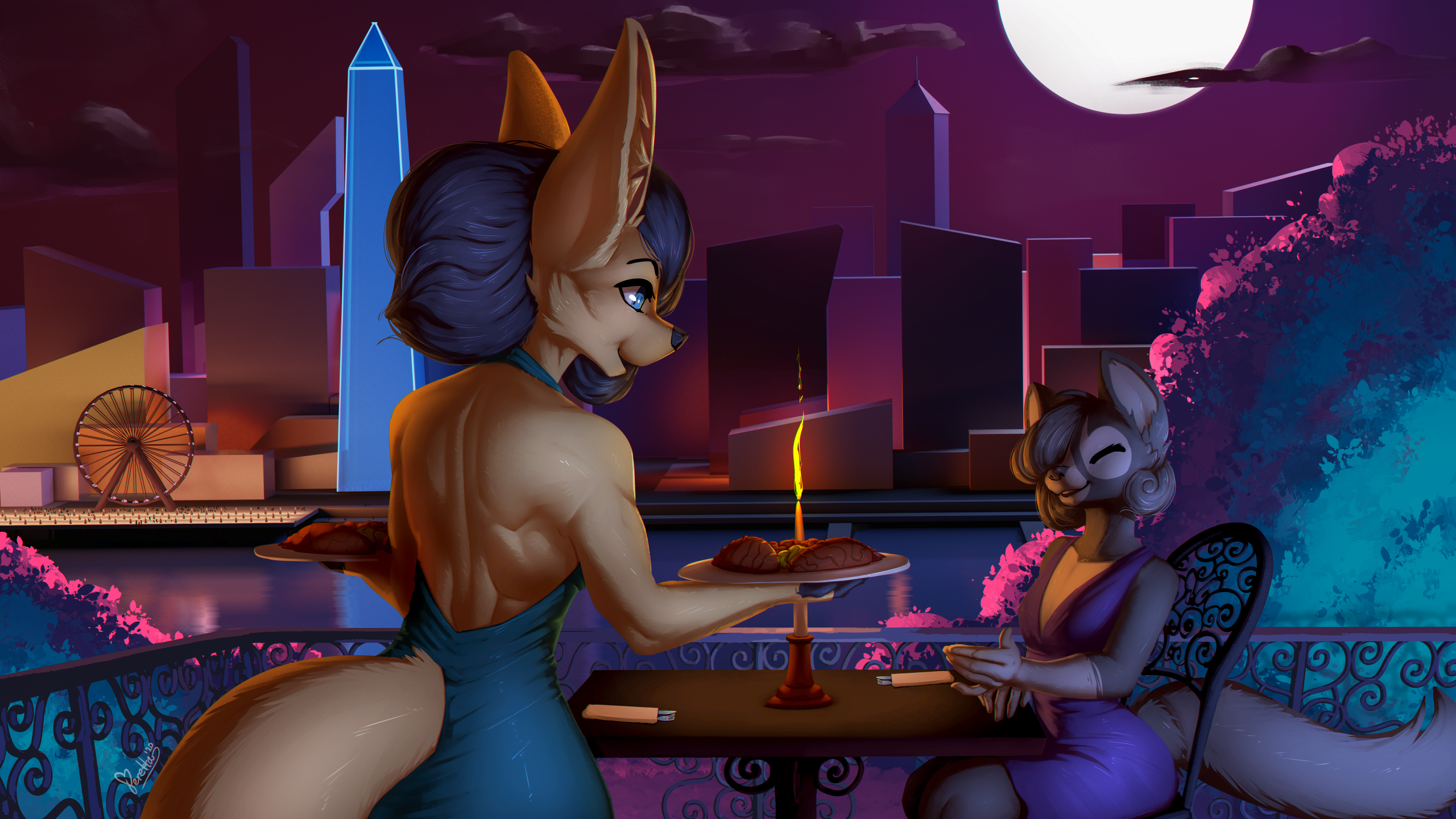 General 2560x1440 feretta furry tail Anthro digital art animal ears backless backless dress moonlight plates food table dress hair over one eye closed eyes smiling fork knife candles fire water handrail standing sitting