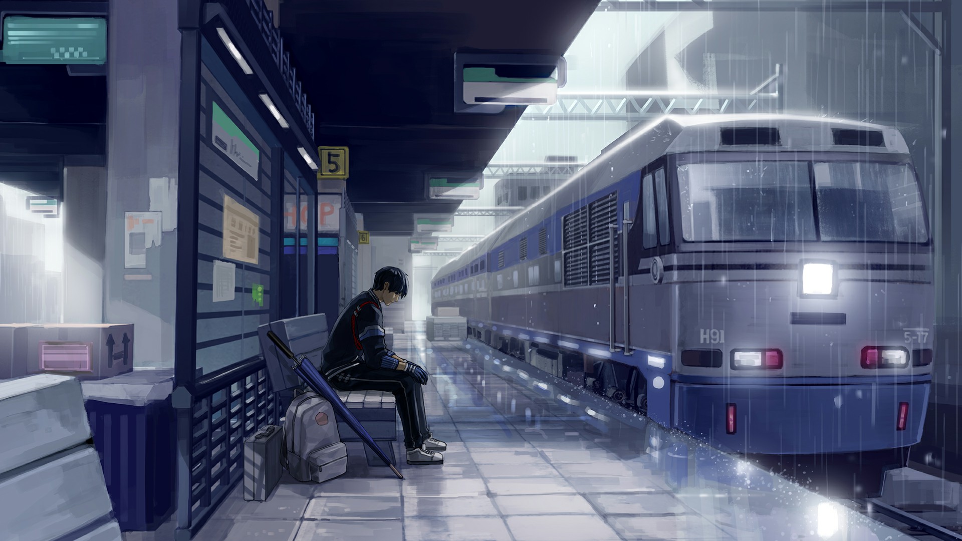 Anime 1920x1080 TROUBLESHOOTER rain train train station alone backpacks video games umbrella daylight mist bench black hair dark hair sneakers black clothing thinking