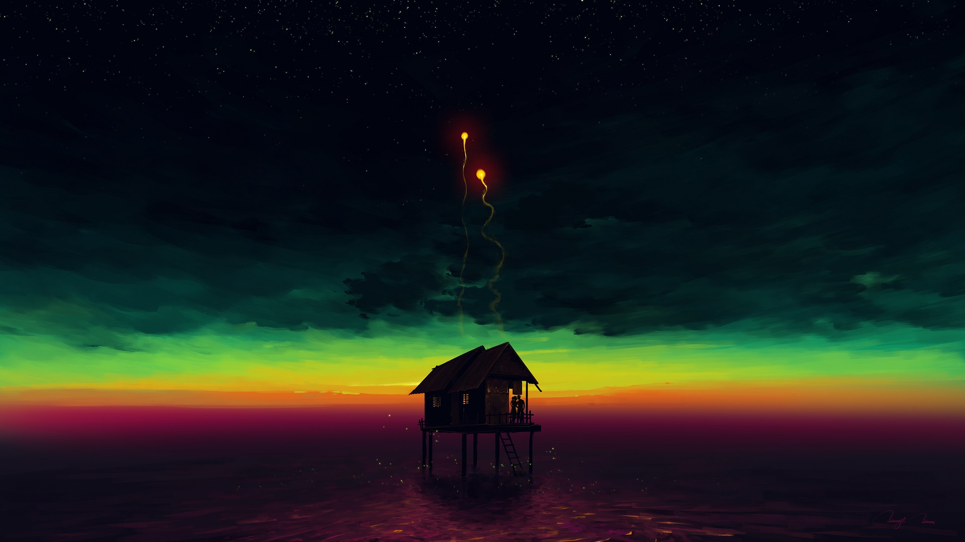 General 1920x1080 BisBiswas fantasy art digital art flares sea sunset ladder fireflies couple horizon stars
