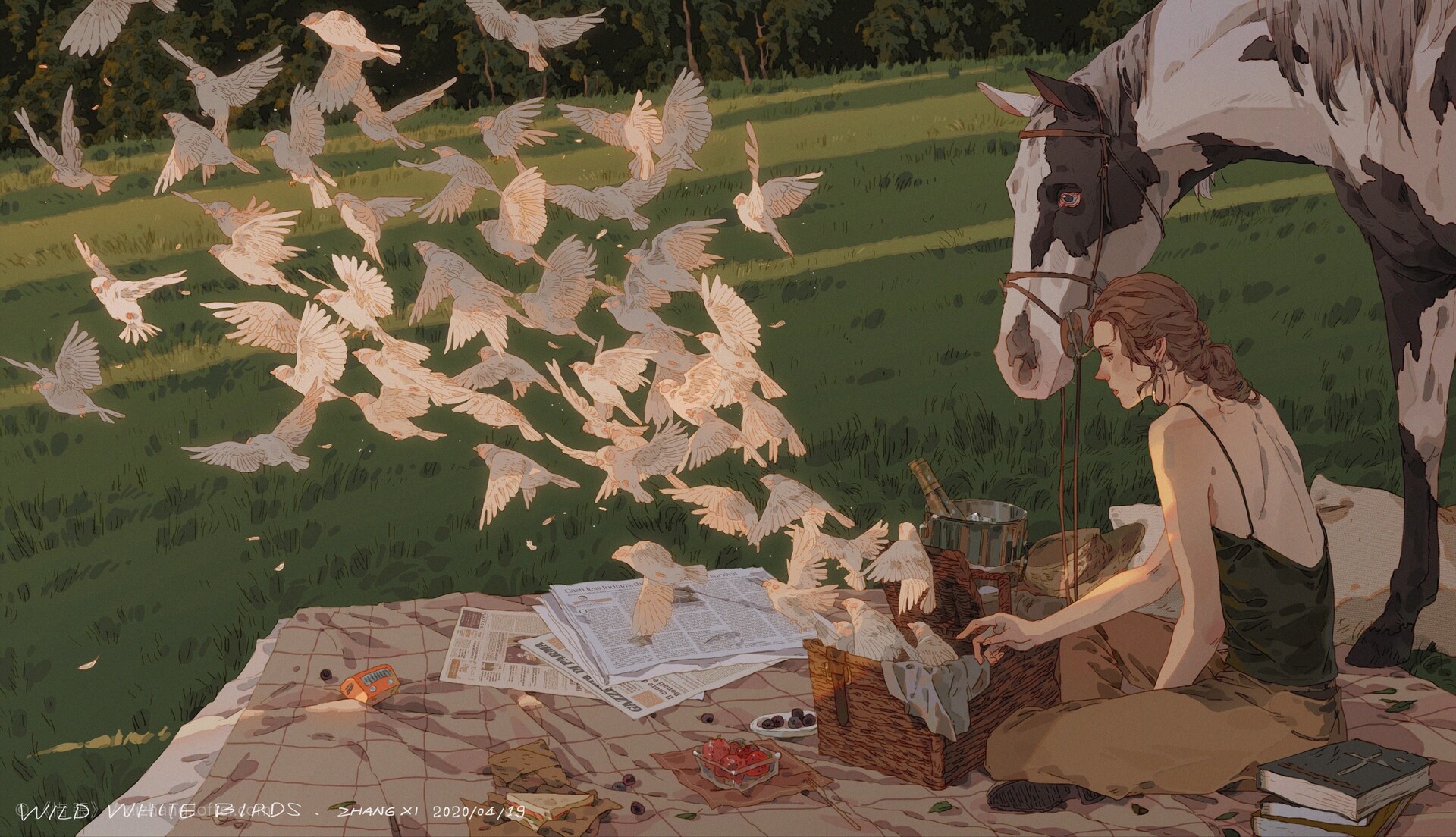 General 1920x1104 artwork digital art birds horse women field picnic xi zhang