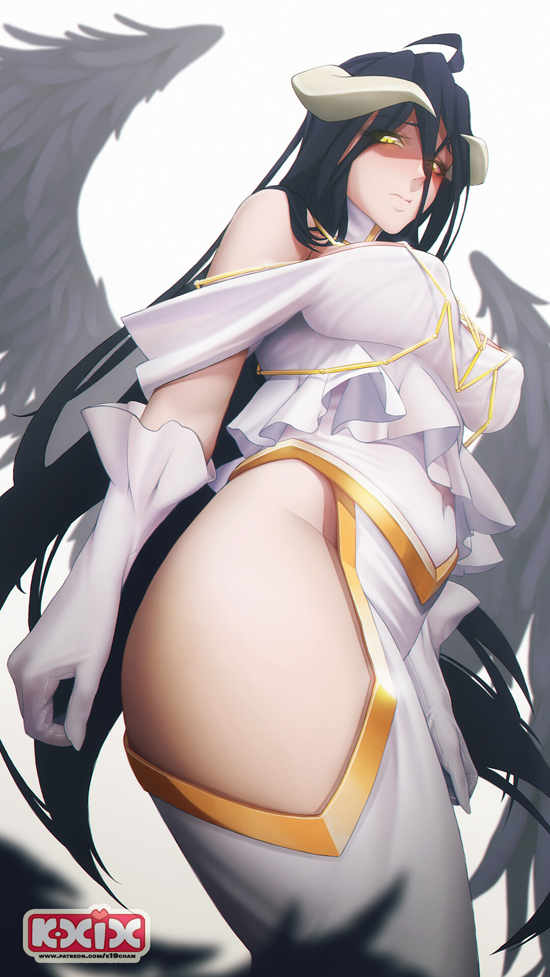 Anime 1080x1920 Overlord (anime) thighs thick thigh thick ass big boobs anime girls succubus horns wings white dress long hair long sleeves ahoge bare shoulders cleavage blushing embarrassed no bra low-angle Albedo (OverLord) looking at viewer curvy big areolae hard nipples black hair yellow eyes simple background underboob k19chan fan art belly button anime
