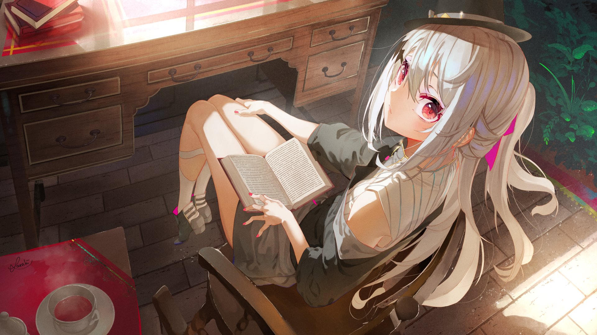 Anime 1920x1080 anime anime girls digital art artwork 2D red eyes looking at viewer reading books silver hair Saraki