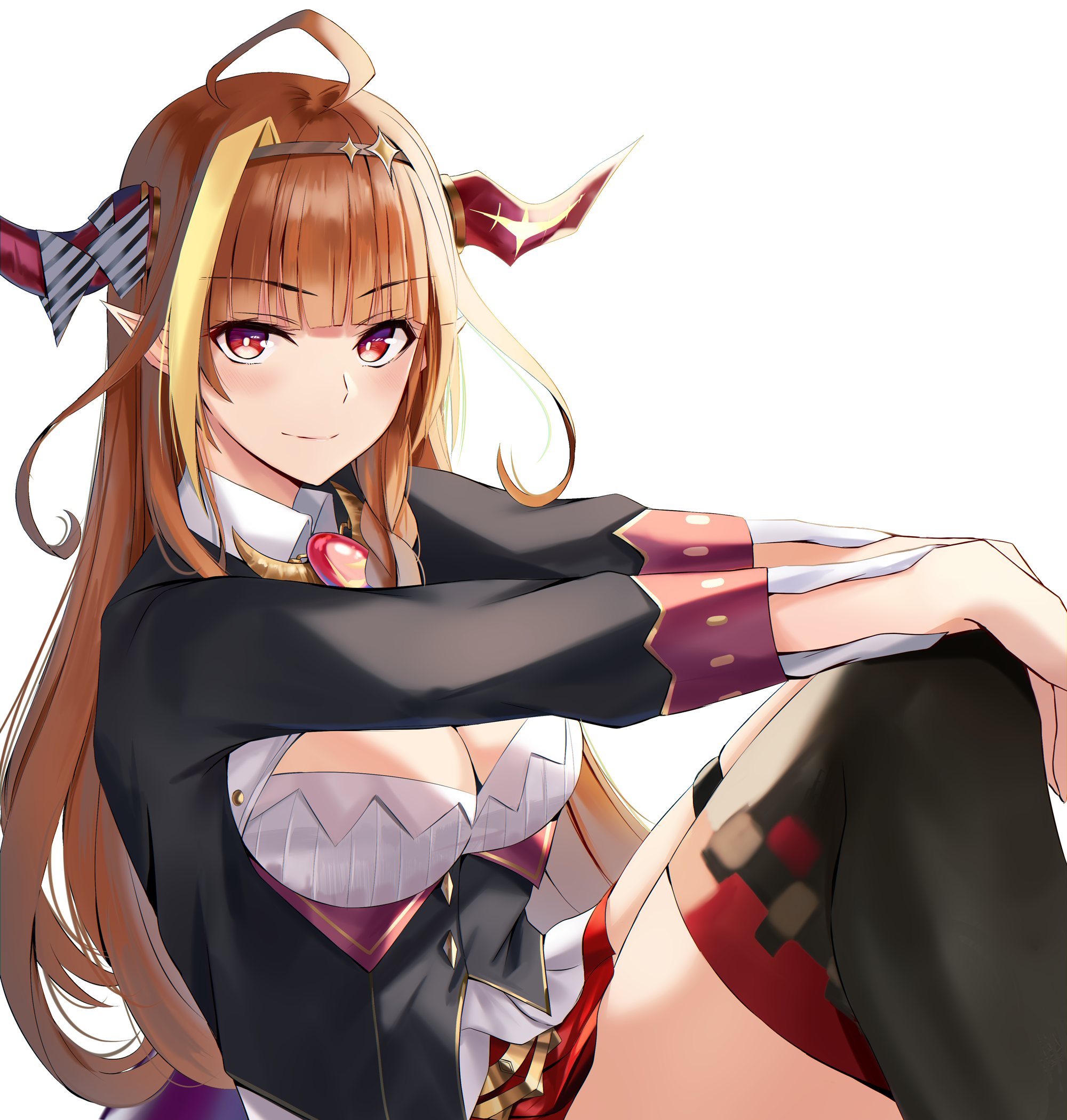 Anime 2000x2099 anime anime girls digital art artwork 2D portrait display Hololive Virtual Youtuber Nicky W long hair brunette horns pointy ears red eyes thigh-highs holding knees cleavage Kiryu Coco