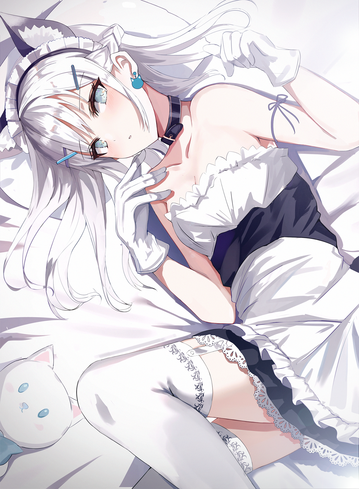 Anime 1500x2043 portrait display anime anime girls digital art artwork 2D Greennight white hair blue eyes animal ears blushing bare shoulders maid outfit thigh-highs in bed