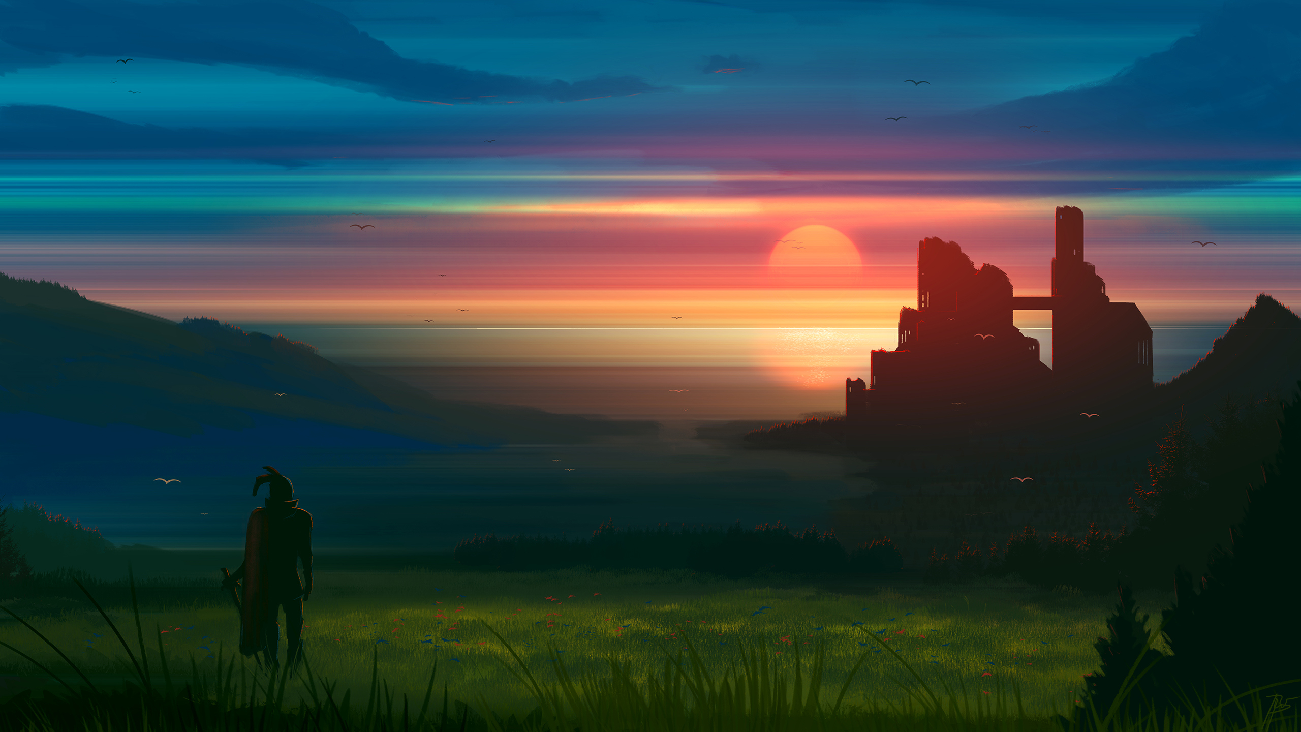 General 2560x1440 JoeyJazz knight ruins landscape fantasy art sunset