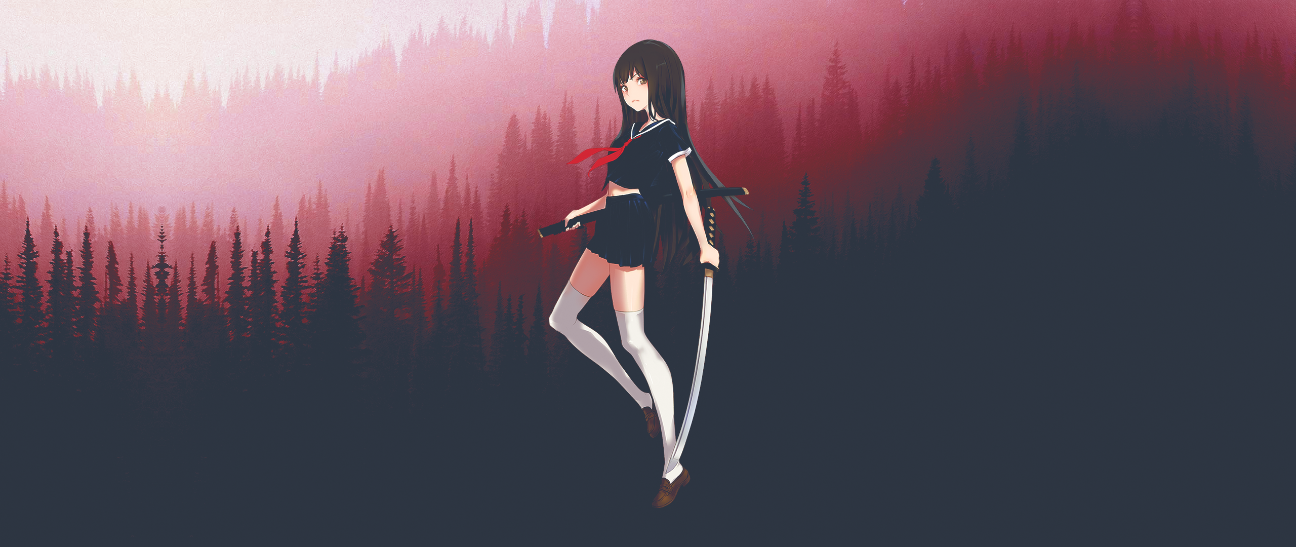Anime 2560x1080 anime anime girls red katana forest ultrawide skirt Japanese clothes black hair