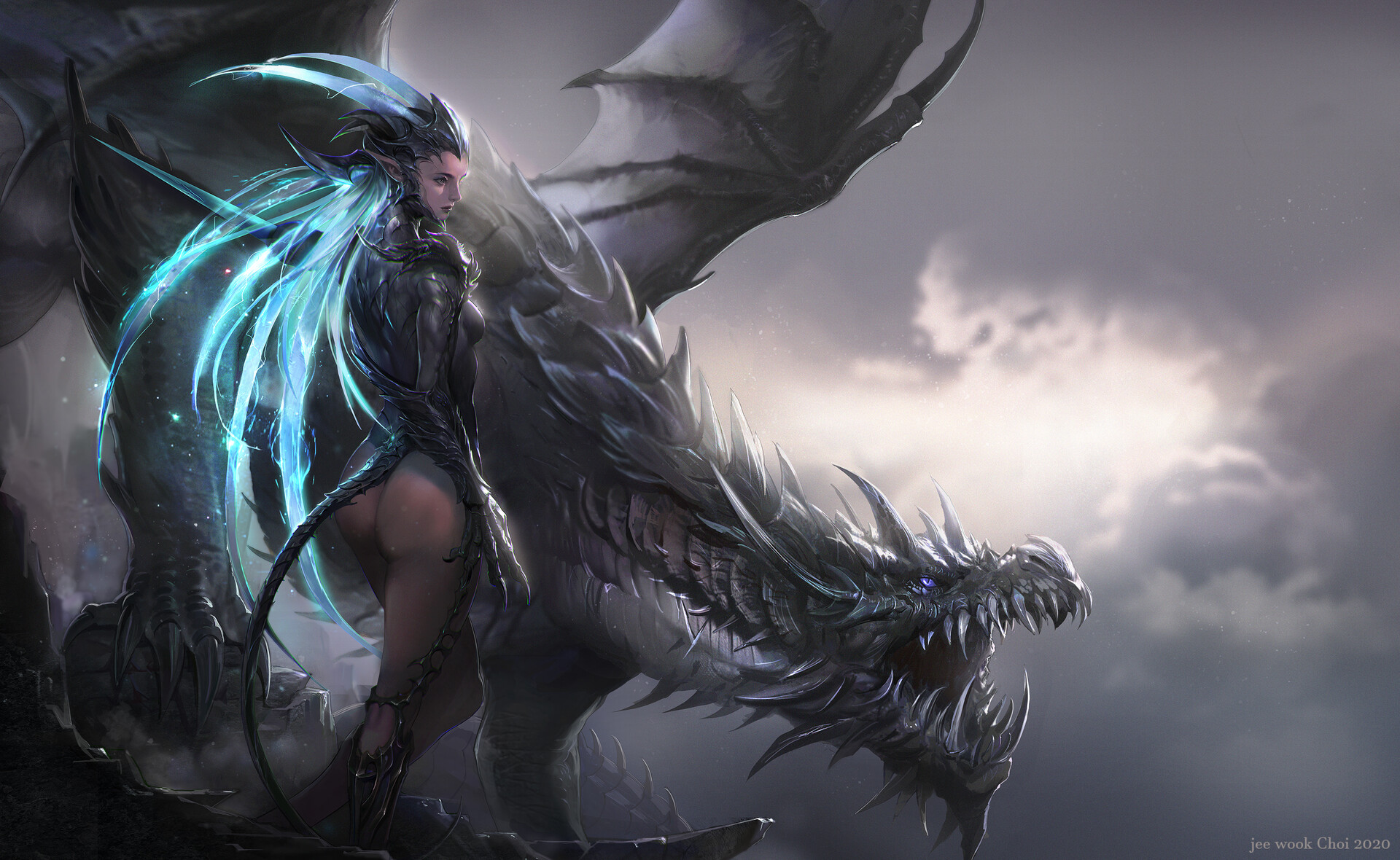 General 1920x1180 Jeewook Choi drawing women warrior spikes armor horns elves pointy ears tail ass glowing blue fantasy art fantasy armor scales animals dragon wings overcast looking away