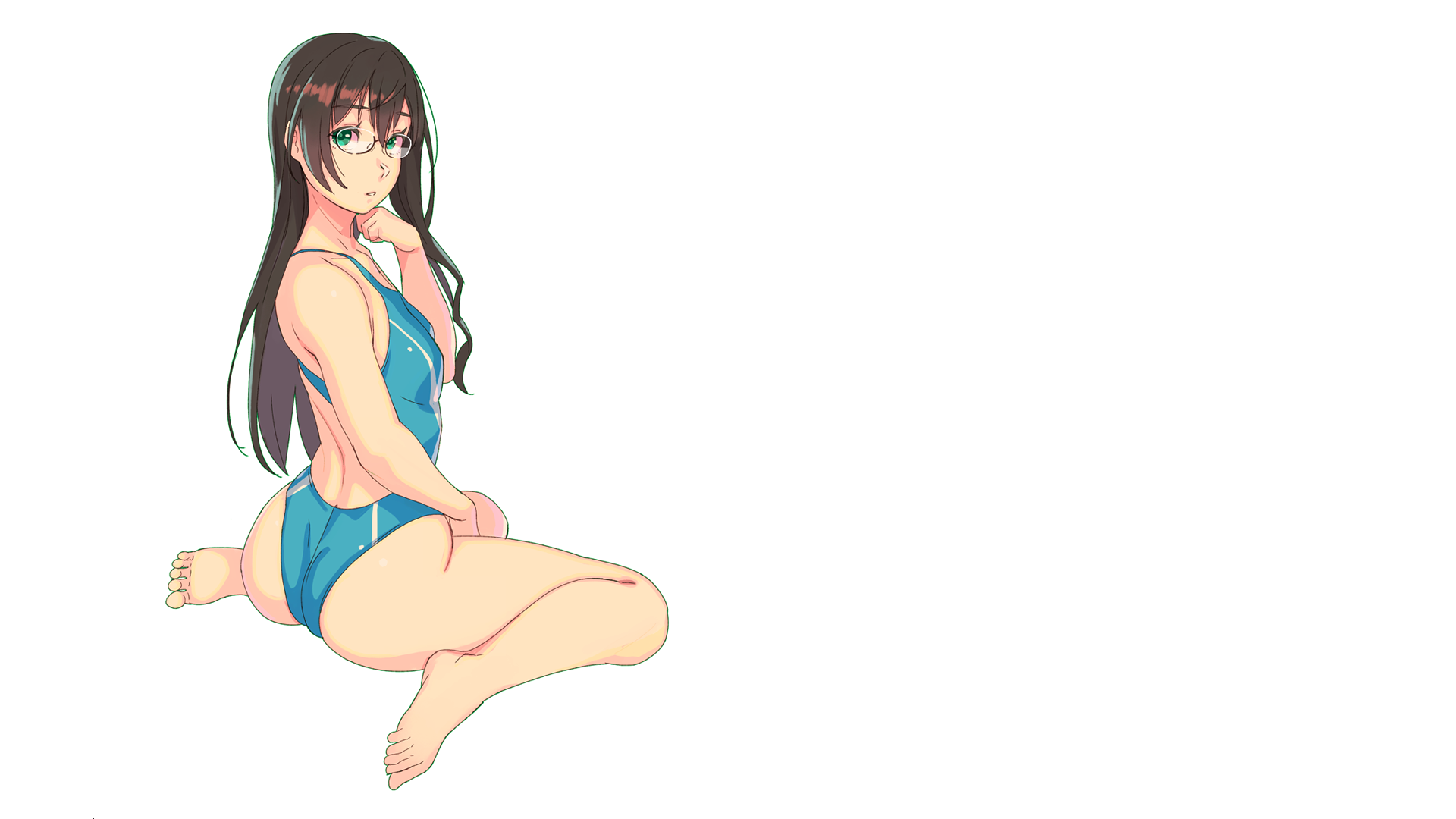 Anime 1920x1080 anime anime girls simple background ecchi Kantai Collection Ooyodo (KanColle) blue swimsuit sitting thighs thigh-highs one-piece swimsuit meganekko glasses Yuuji