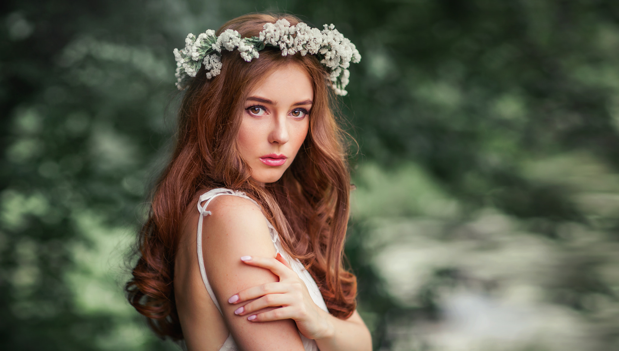 People 2048x1161 Olga Boyko women redhead long hair wavy hair flower in hair crown hair accessories makeup brown eyes eyeliner eyeshadow looking at viewer lipstick portrait dress painted nails pink nails model women outdoors