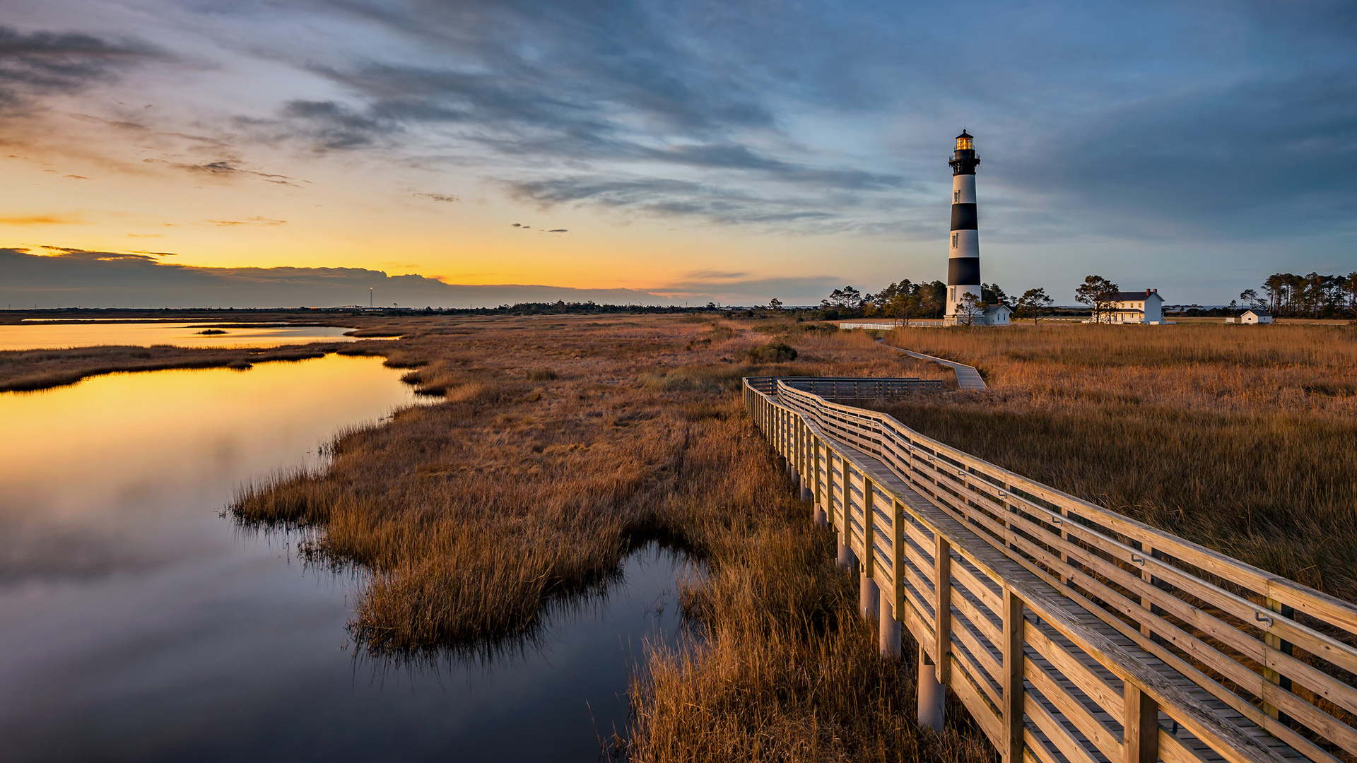 General 1920x1080 nature landscape far view wooden walkway clouds sky sunset house lighthouse water plants grass trees Bodie Island Lighthouse North Carolina USA