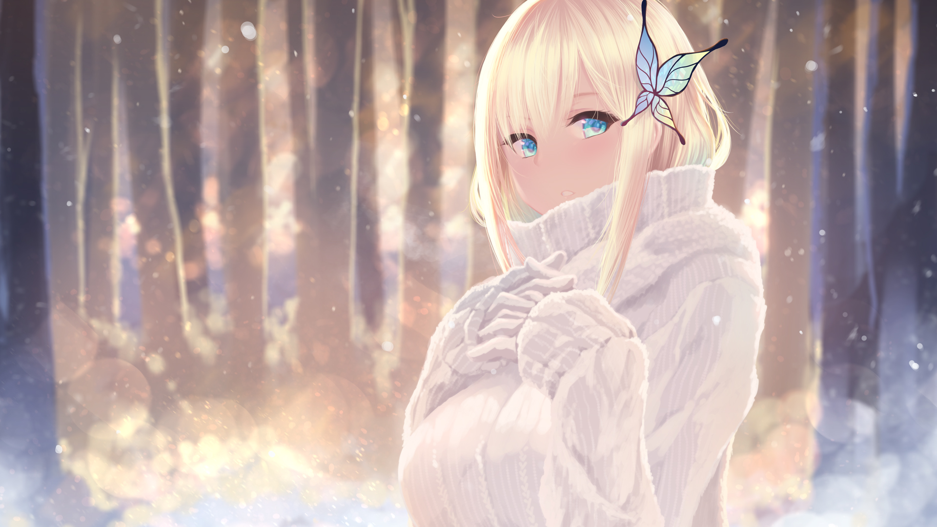 Anime 1920x1080 anime girls anime Boku wa Tomodachi ga Sukunai Kashiwazaki Sena blue eyes blonde snow outdoors trees pullover big boobs Cait Aron sweater