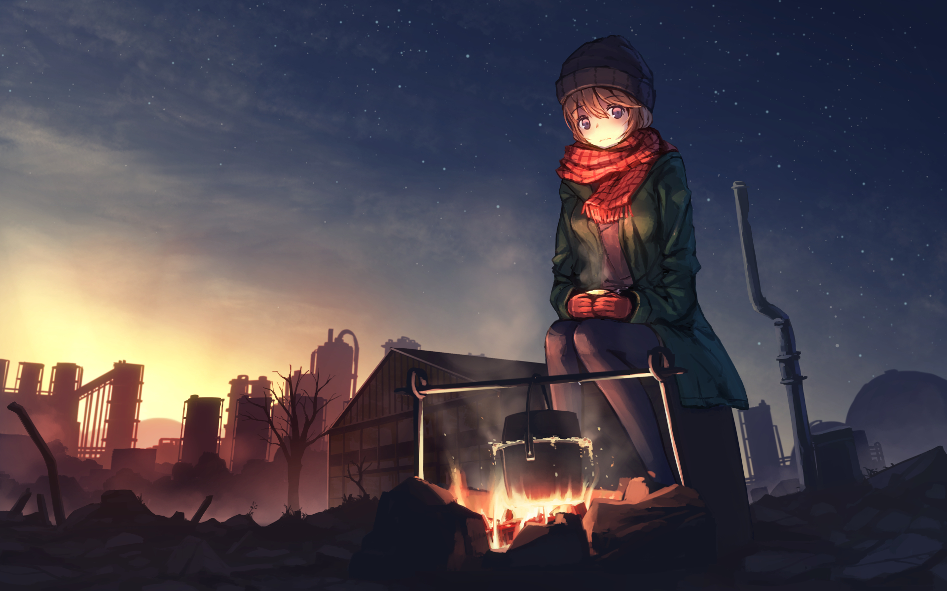 Anime 1920x1200 anime anime girls sky sitting campfire