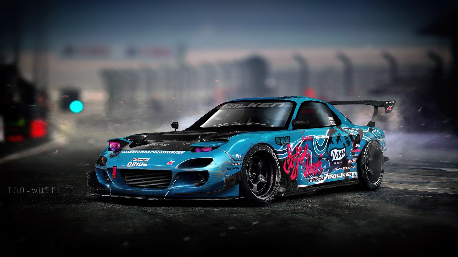 General 1920x1080 car vehicle Mazda Mazda RX-7 blue cars frontal view colored wheels livery Japanese cars pop-up headlights