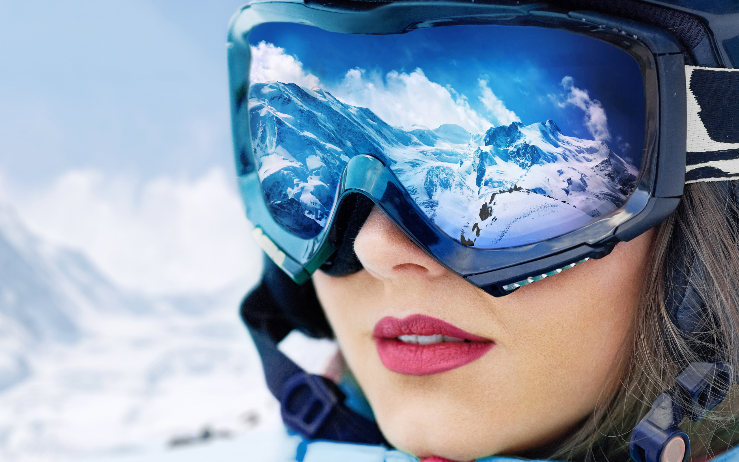 People 2560x1600 women model brunette long hair face women outdoors goggles reflection mountains snowy peak winter snow sport nature landscape clouds red lipstick closeup parted lips