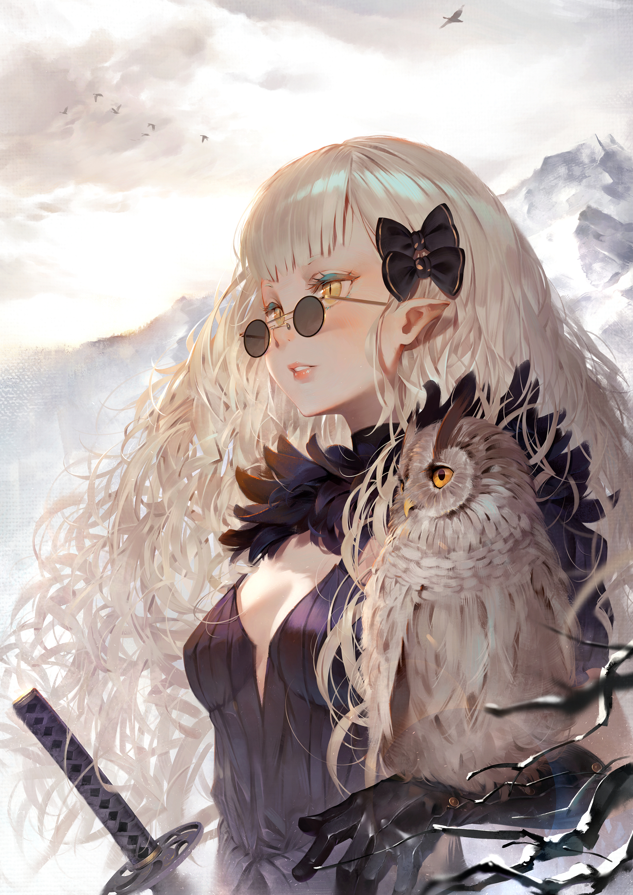 Anime 2098x2962 anime girls original characters artwork digital art 2D illustration drawing digital painting fantasy art fantasy girl women women with glasses looking away blonde long hair cleavage mountains owl birds katana gloves pointy ears portrait portrait display anime clouds Chika Toriumi blushing hair bows