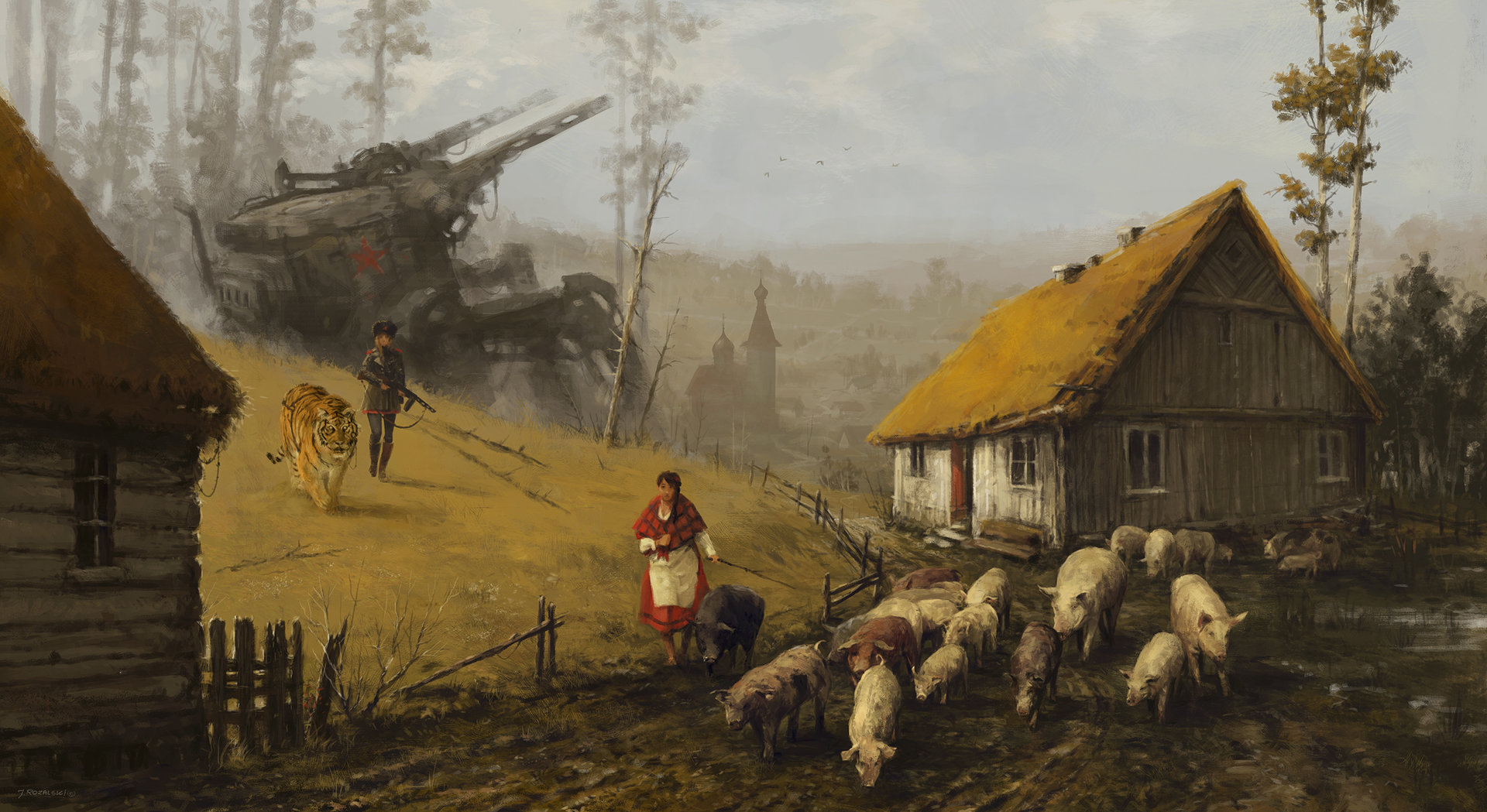 General 1920x1049 painting soldier women tiger village house animals robot Jakub Różalski Iron Harvest