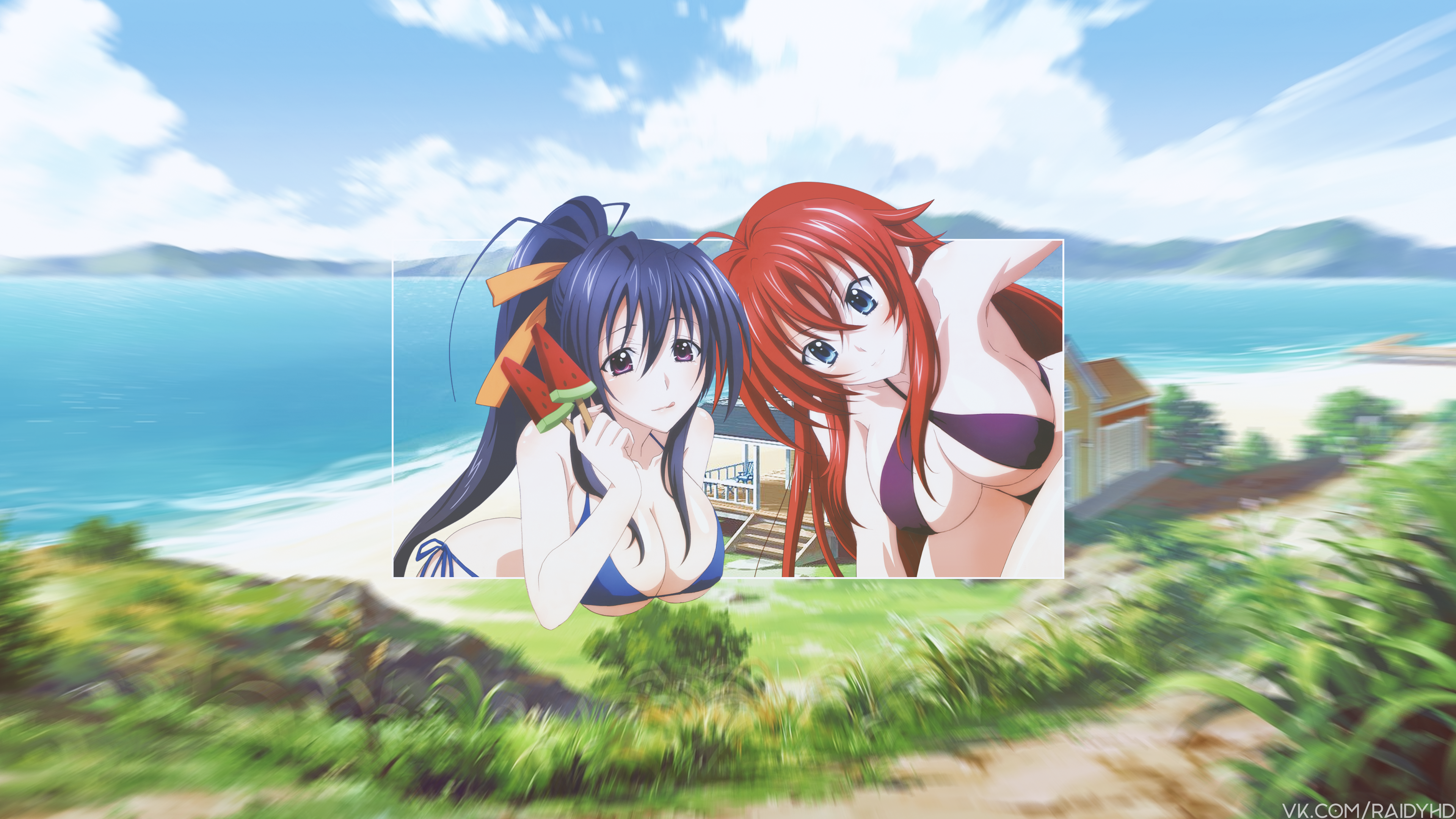 Anime 3840x2160 anime girls picture-in-picture anime Gremory Rias Himejima Akeno beach High School DxD two women