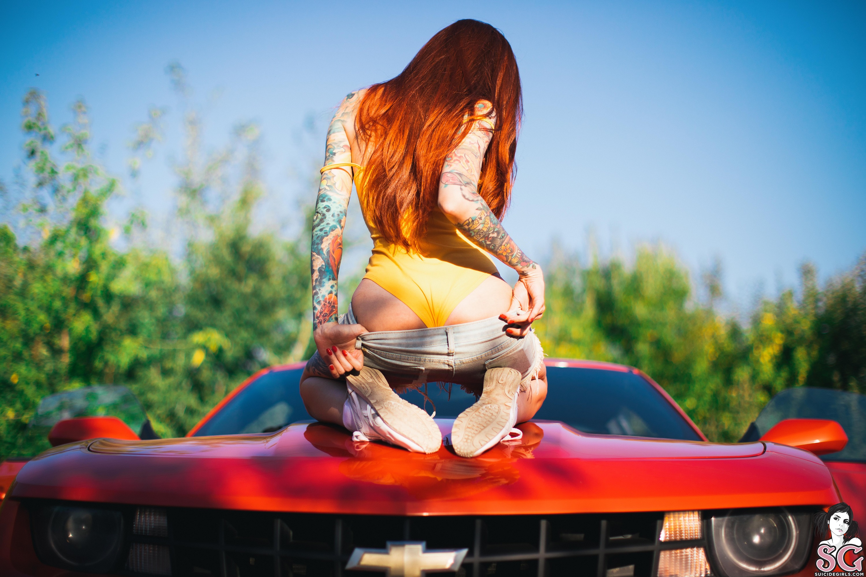 People 3000x2000 Elune_ Suicide women model redhead long hair back bodysuit monokinis ass jean shorts kneeling sneakers depth of field Chevrolet Chevrolet Camaro car red cars vehicle women with cars inked girls tattoo outdoors women outdoors Suicide Girls muscle cars American cars