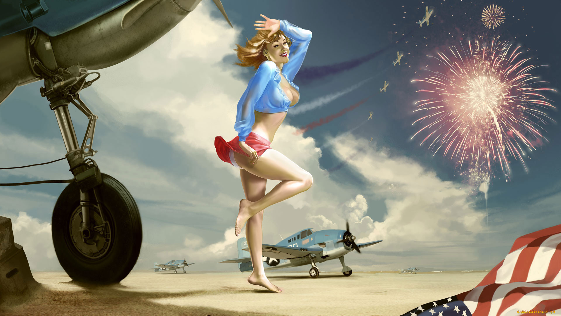 General 1920x1081 ass pinup models vehicle aircraft women American flag fireworks barefoot arms up smiling