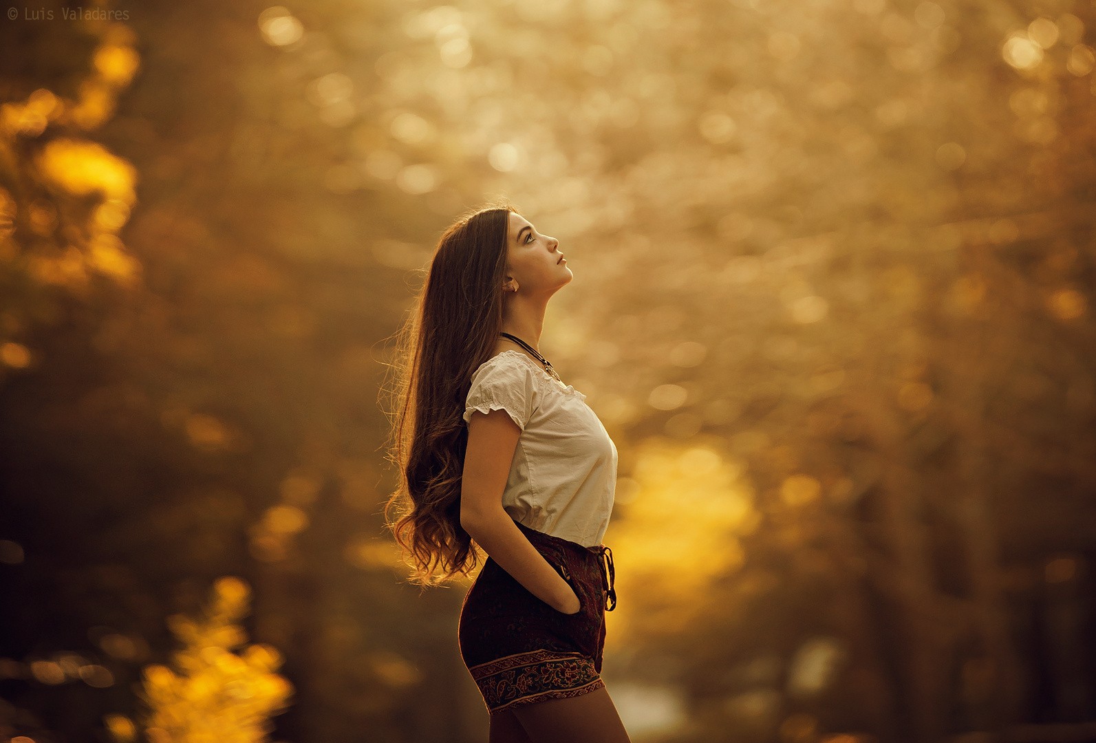 People 1593x1080 photography brunette women model women outdoors looking up bokeh white tops Luis Valadares outdoors standing blouses face profile
