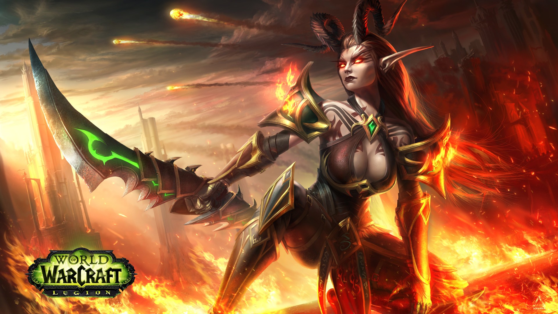 General 1920x1080 World of Warcraft World of Warcraft: Legion blood elves Demon Hunter Blizzard Entertainment boobs big boobs cleavage PC gaming pointy ears horns red eyes glowing eyes fantasy armor armor digital art Warcraft