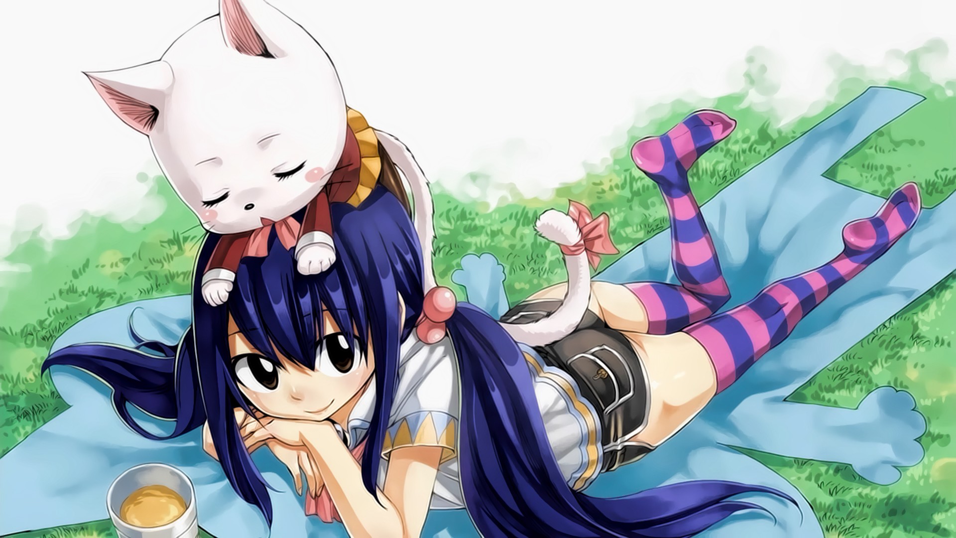 Anime 1920x1080 Fairy Tail anime Marvell Wendy  lying on front smiling stockings striped stockings purple hair long hair dark eyes looking at viewer