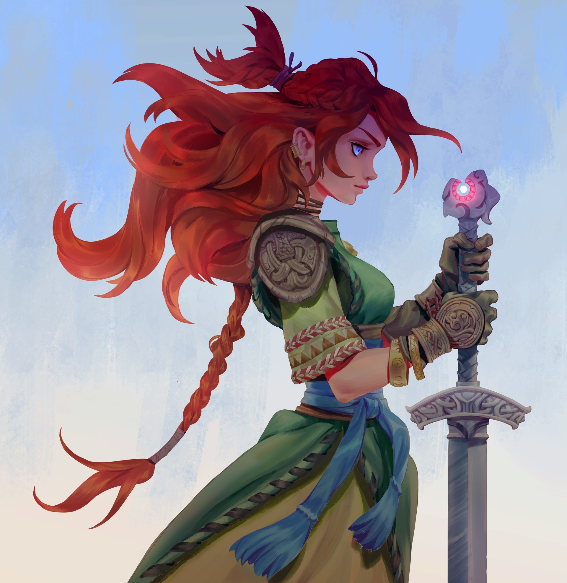 General 1920x1974 fantasy art warrior fantasy girl blue eyes redhead sword women face profile long hair blue background simple background weapon girls with guns women with swords green dress dress green clothing