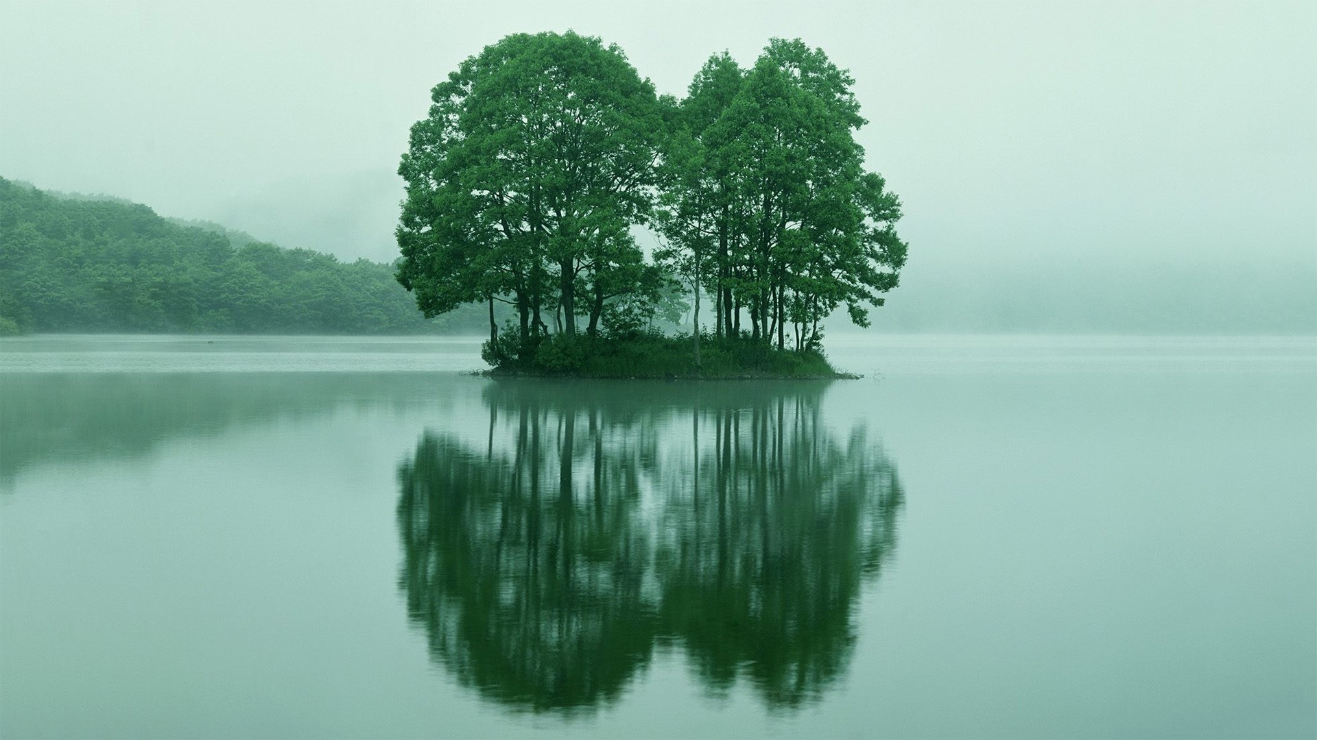 General 1920x1080 lake trees island green mist nature reflection calm waters water