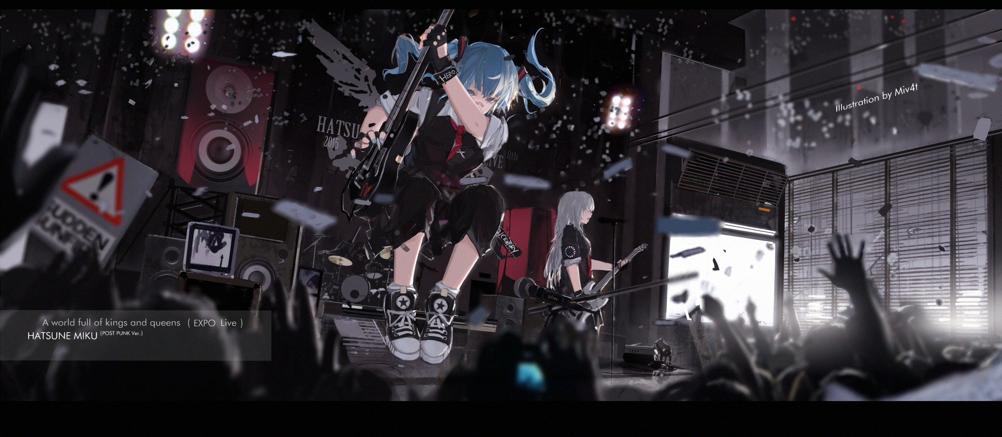 Anime 2061x900 Vocaloid Hatsune Miku long hair twintails jumping concerts drums guitar microphone speakers crowds anime girls anime original characters Miv4t music Pixiv musical instrument
