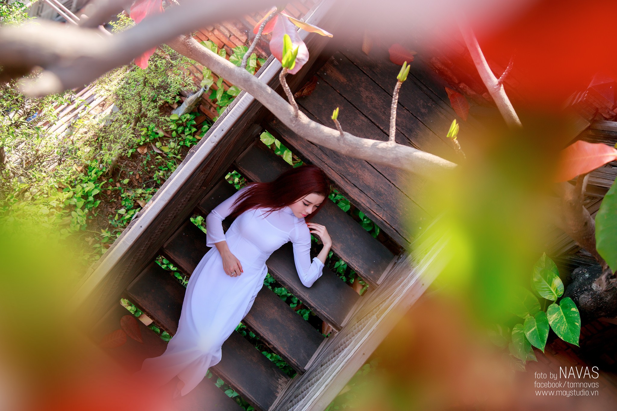 People 2048x1365 women Asian redhead white dress women outdoors top view model dyed hair dress white clothing red nails garden plants stairs Vietnamese women