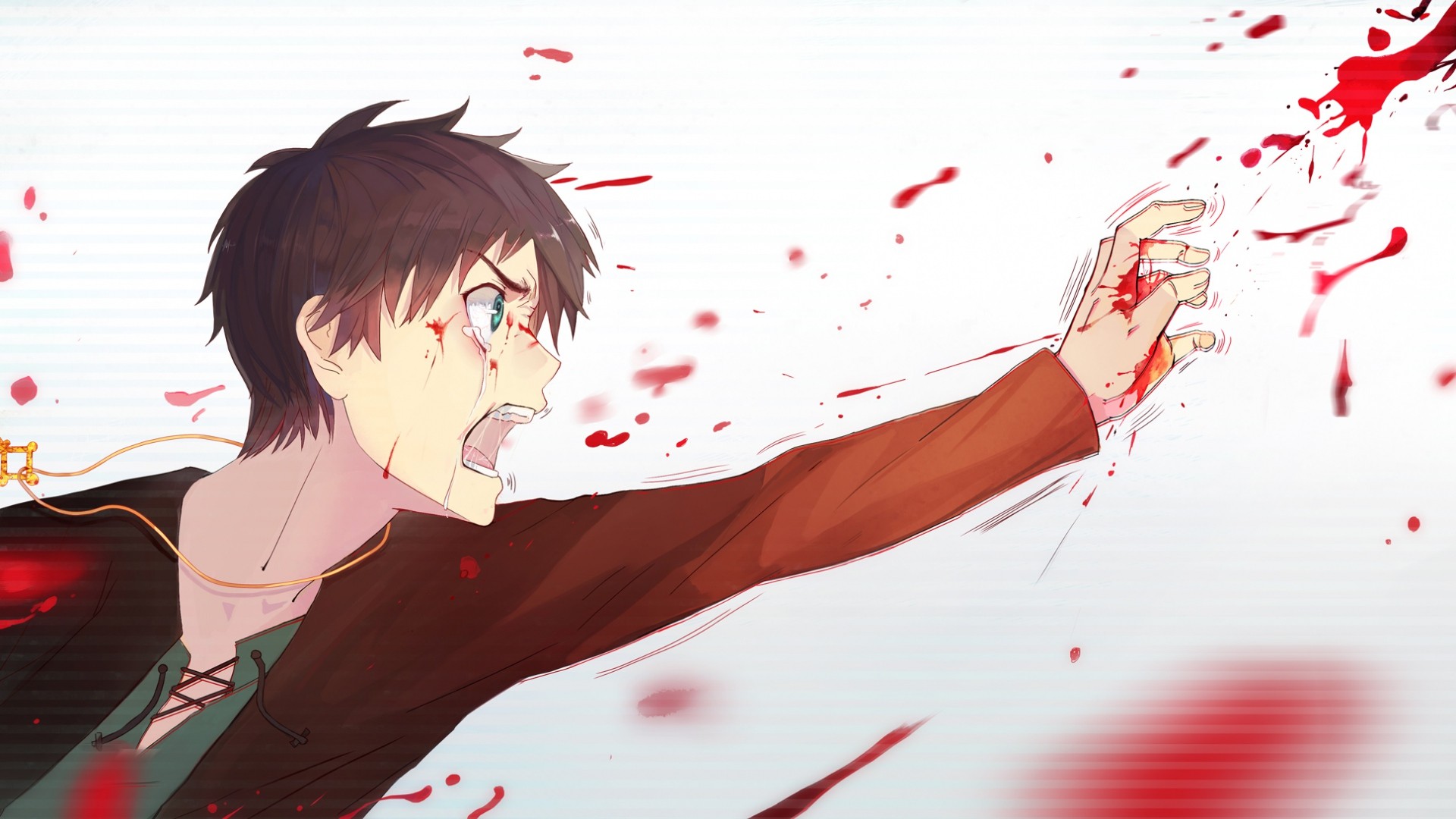 Anime 1920x1080 anime Shingeki no Kyojin Eren Jeager blood anime boys looking away open mouth crying simple background tears white background brunette short hair blue eyes arms reaching necklace minimalism teeth