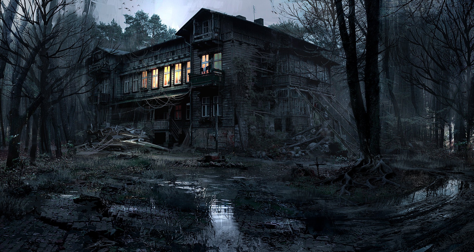 General 1920x1022 house lights nature trees forest night creepy dark mud photography photoshopped