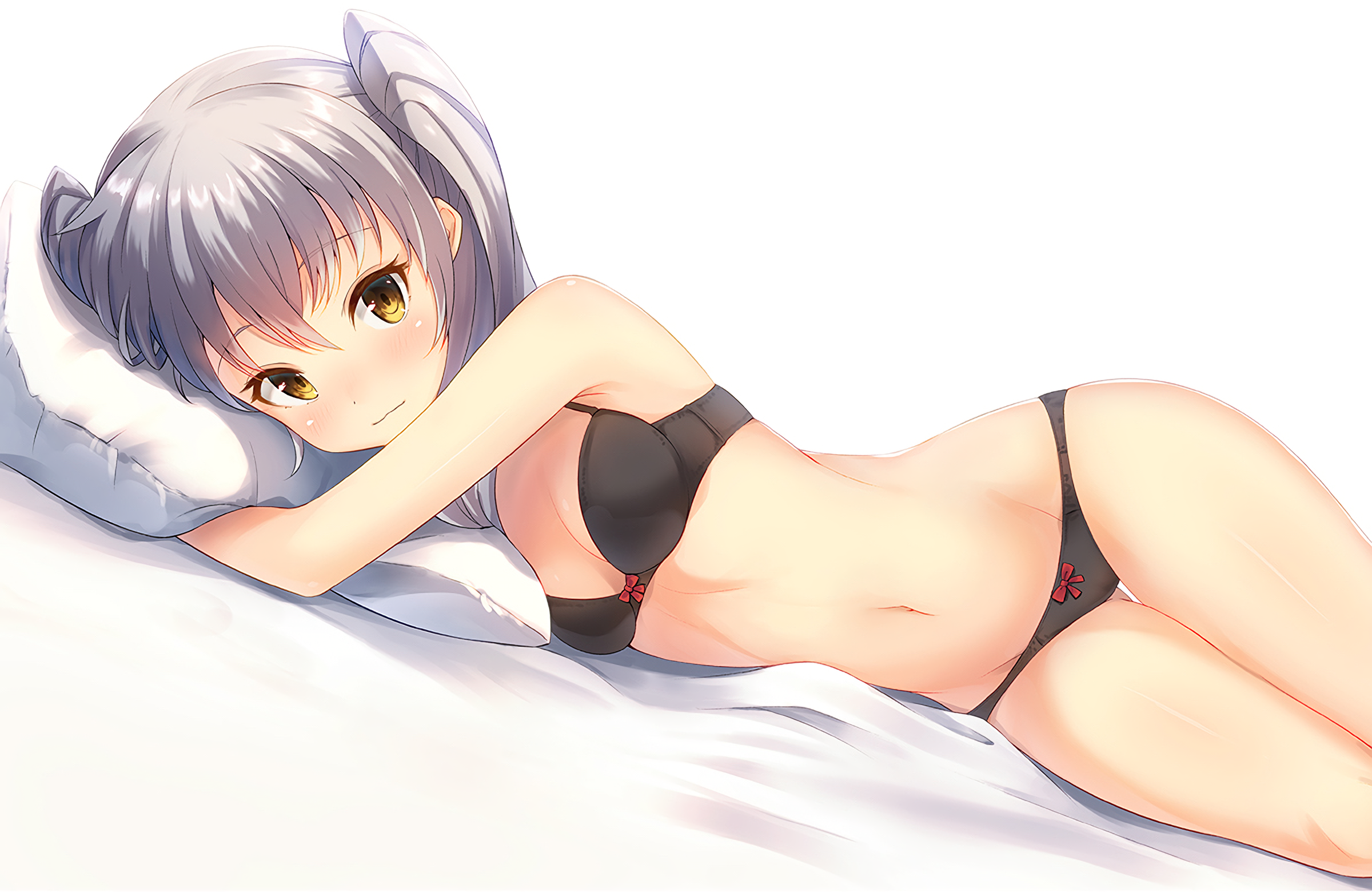 Anime 2400x1560 anime anime girls Kantai Collection Amatsukaze (Kancolle) gray hair underwear yellow eyes twintails lying on side in bed