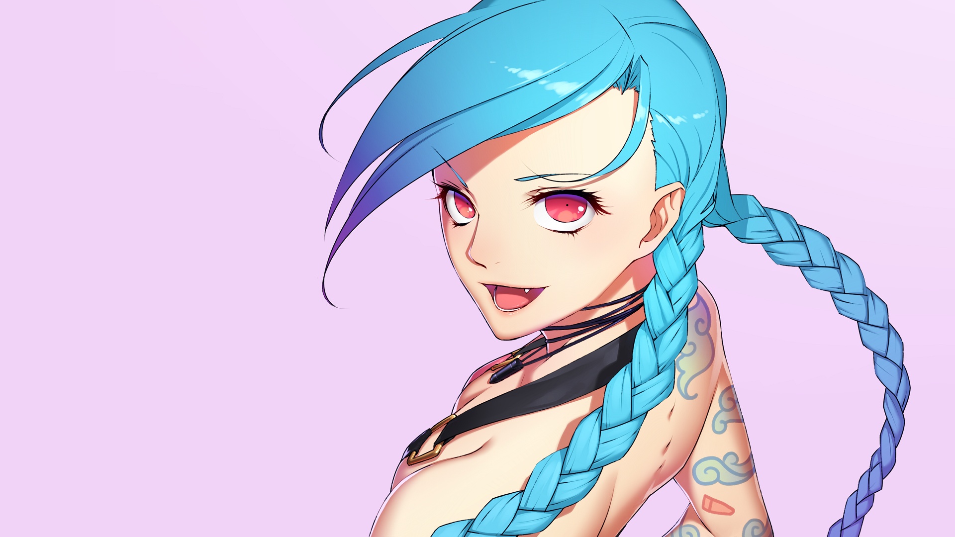 General 1920x1080 Jinx (League of Legends) simple background League of Legends blue hair cyan cyan hair looking over shoulder high angle skinny