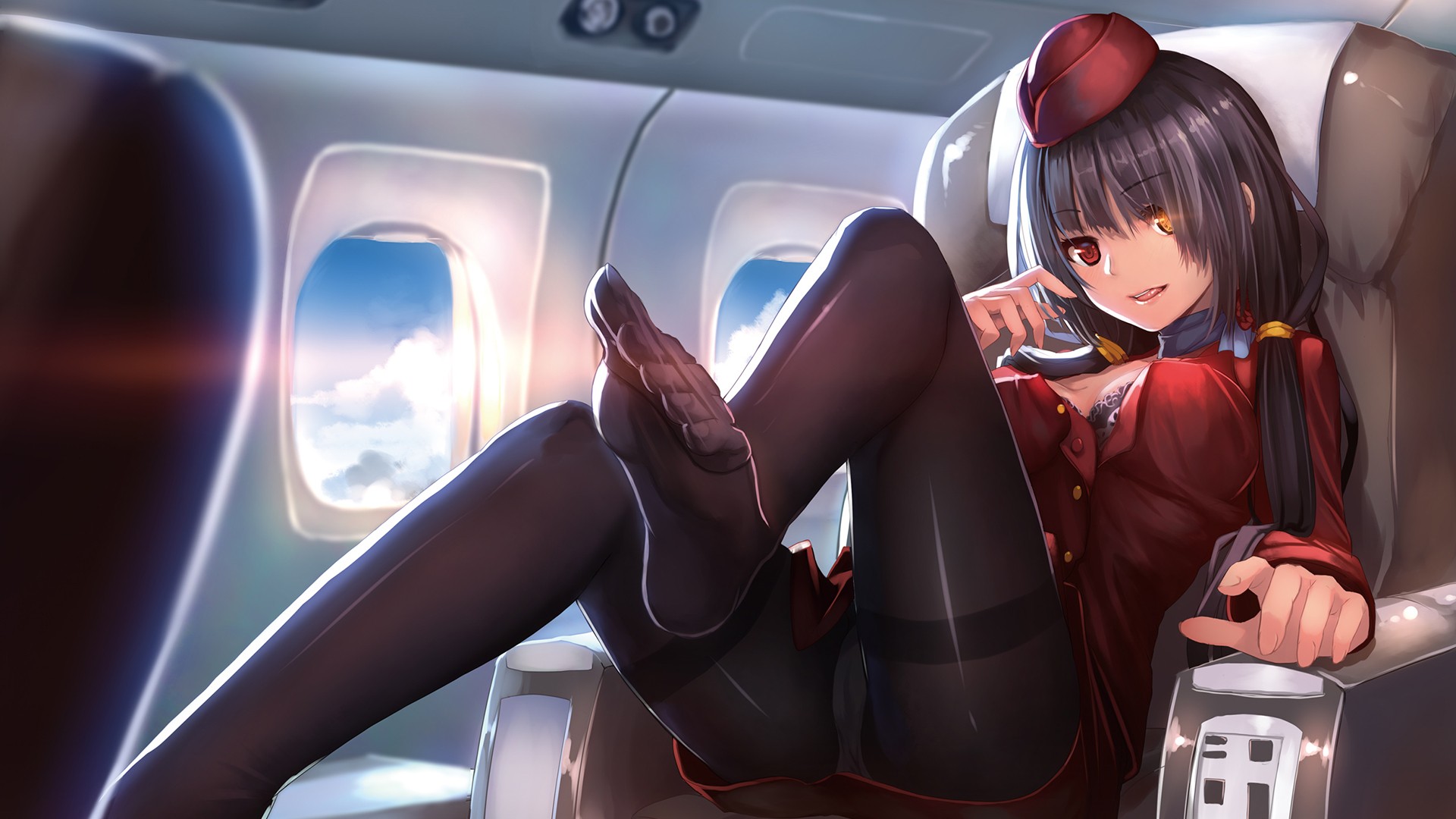 Anime 1920x1080 anime girls feet flight attendant airplane uniform pantyhose dark hair heterochromia Date A Live Tokisaki Kurumi artwork Weiyinji Xsk