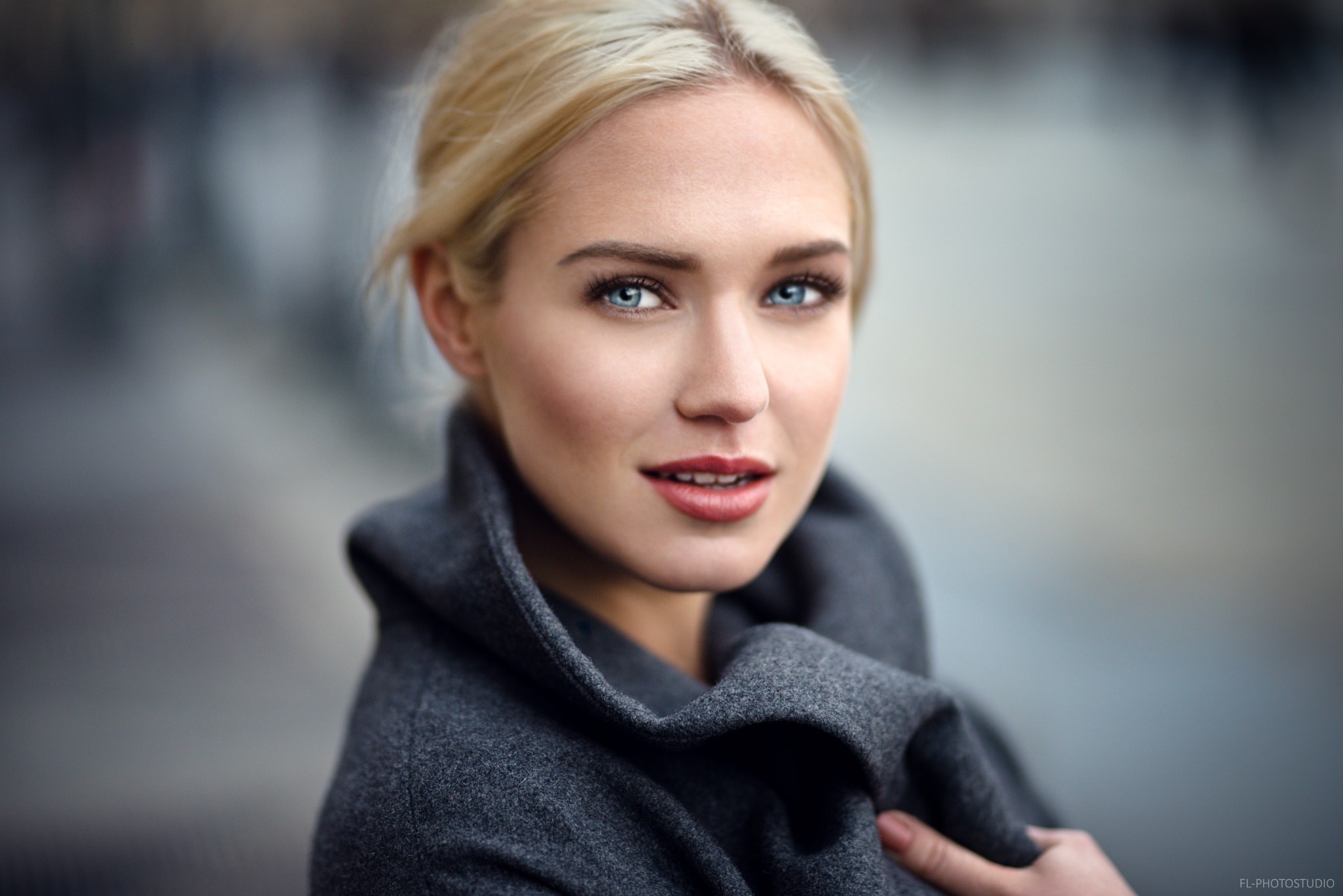 People 2048x1367 women face blonde portrait depth of field Eva Mikulski grey coat coats Lods Franck closeup