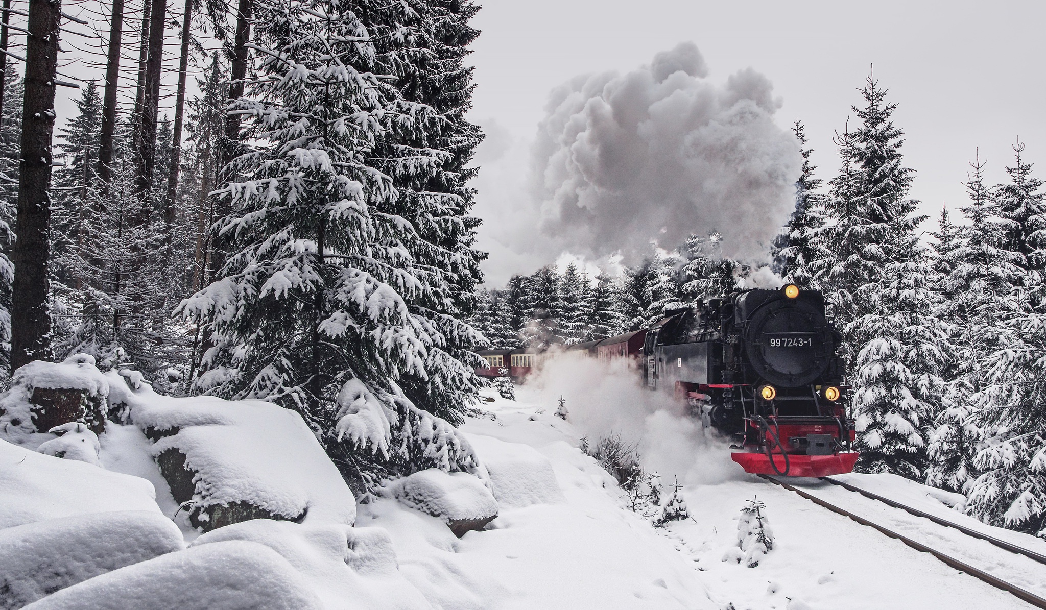 General 2048x1195 train vehicle Steam Train winter snow steam locomotive pine trees transport