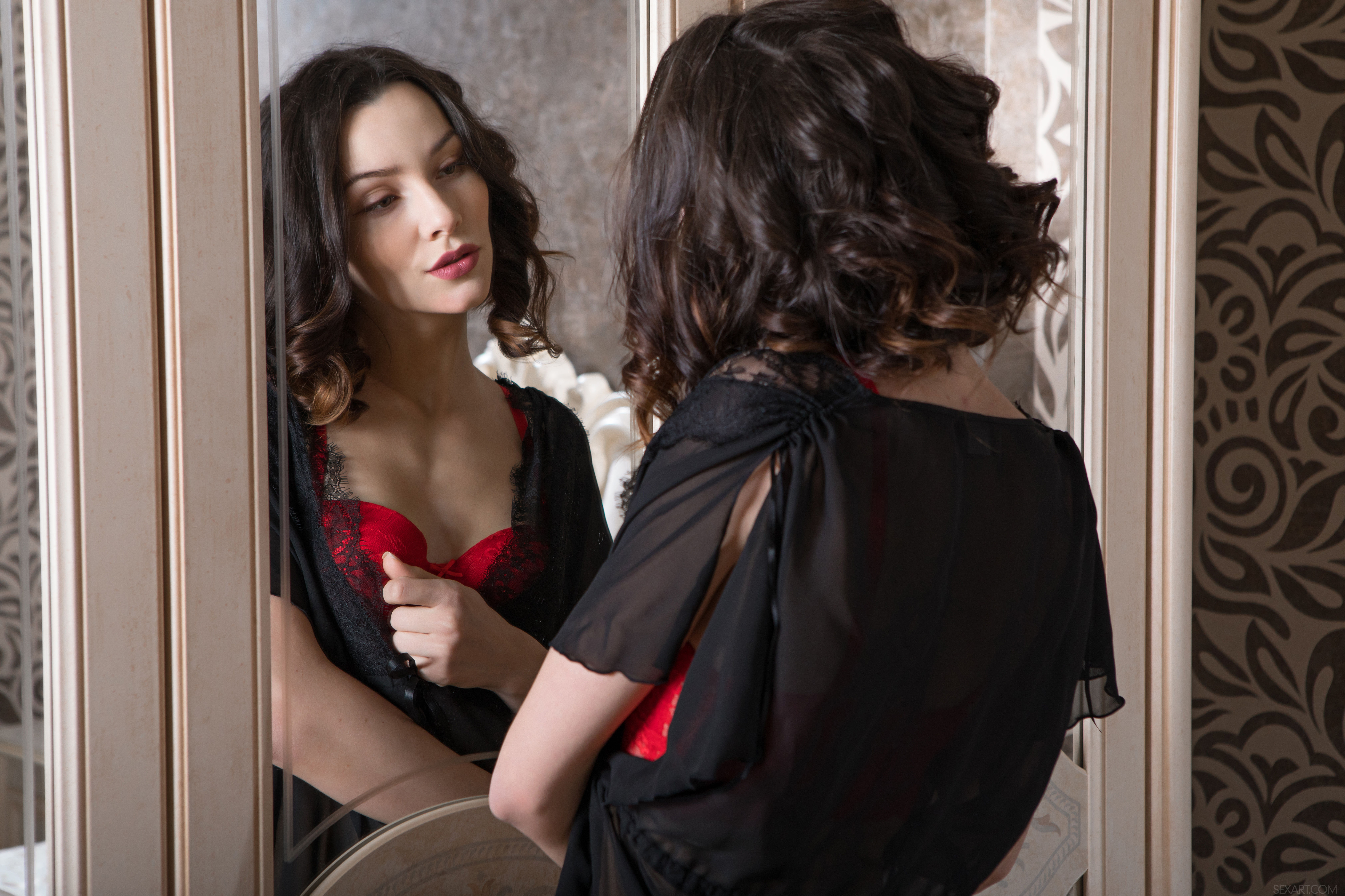 People 6720x4480 women Adel Morel brunette mirror red lingerie SexArt Look in the mirror