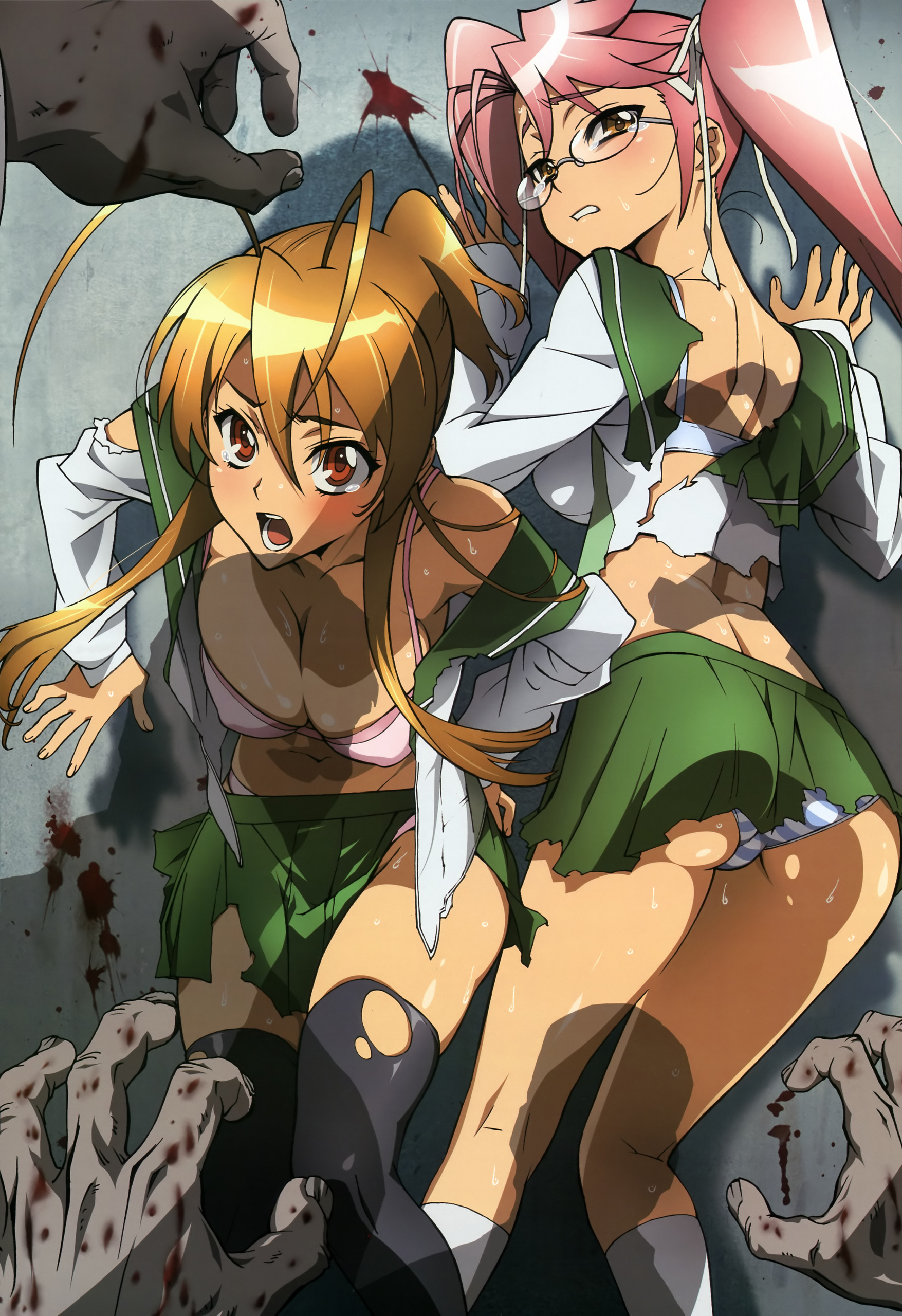 Anime 1755x2560 Highschool of the Dead anime Miyamoto Rei Takagi Saya panties ass thighs blood hands bra