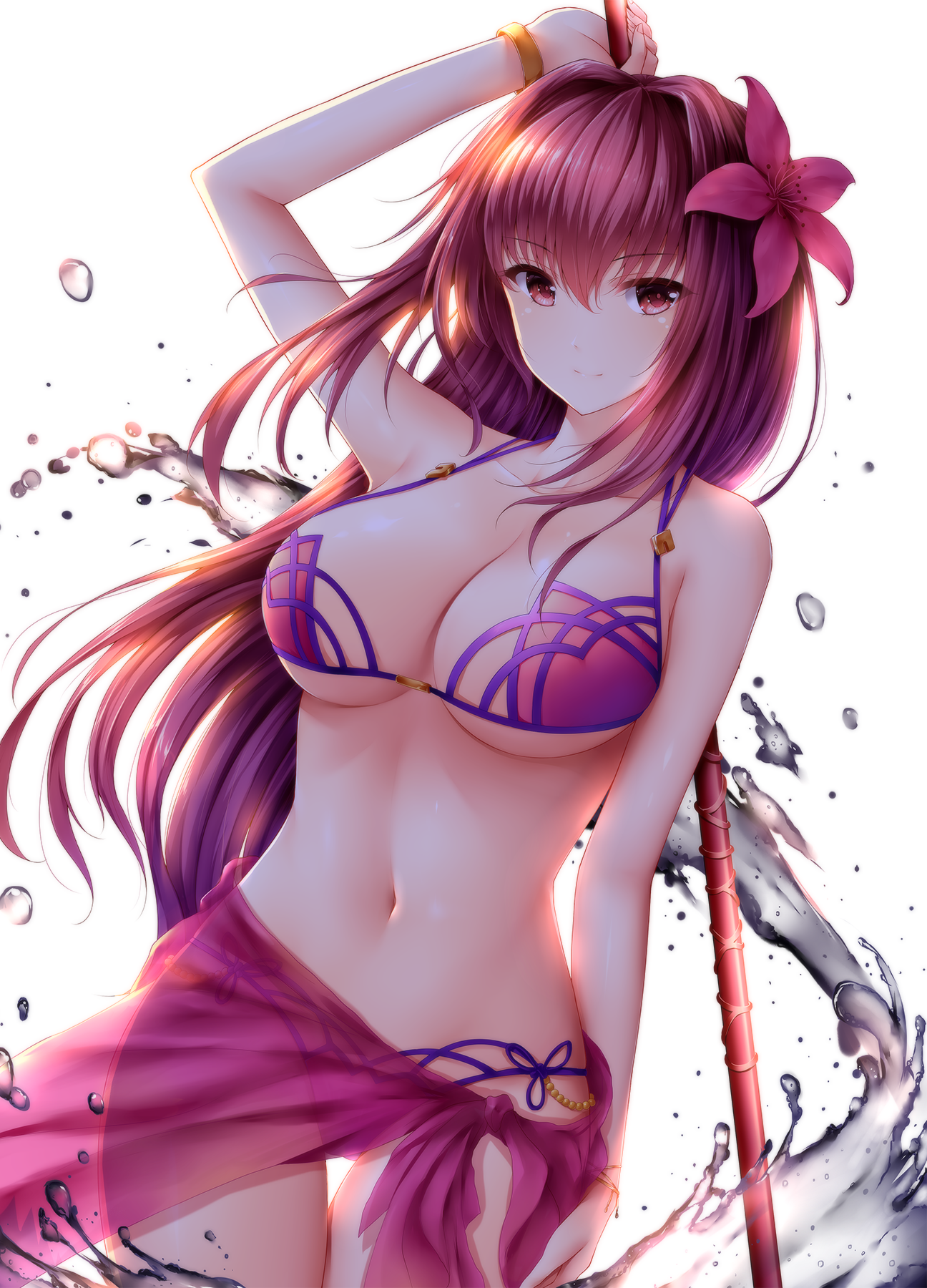 Anime 1296x1800 cleavage white background boobs bikini Fate/Grand Order Scathach see-through clothing underboob weapon wsman artwork anime girls Fate series standing