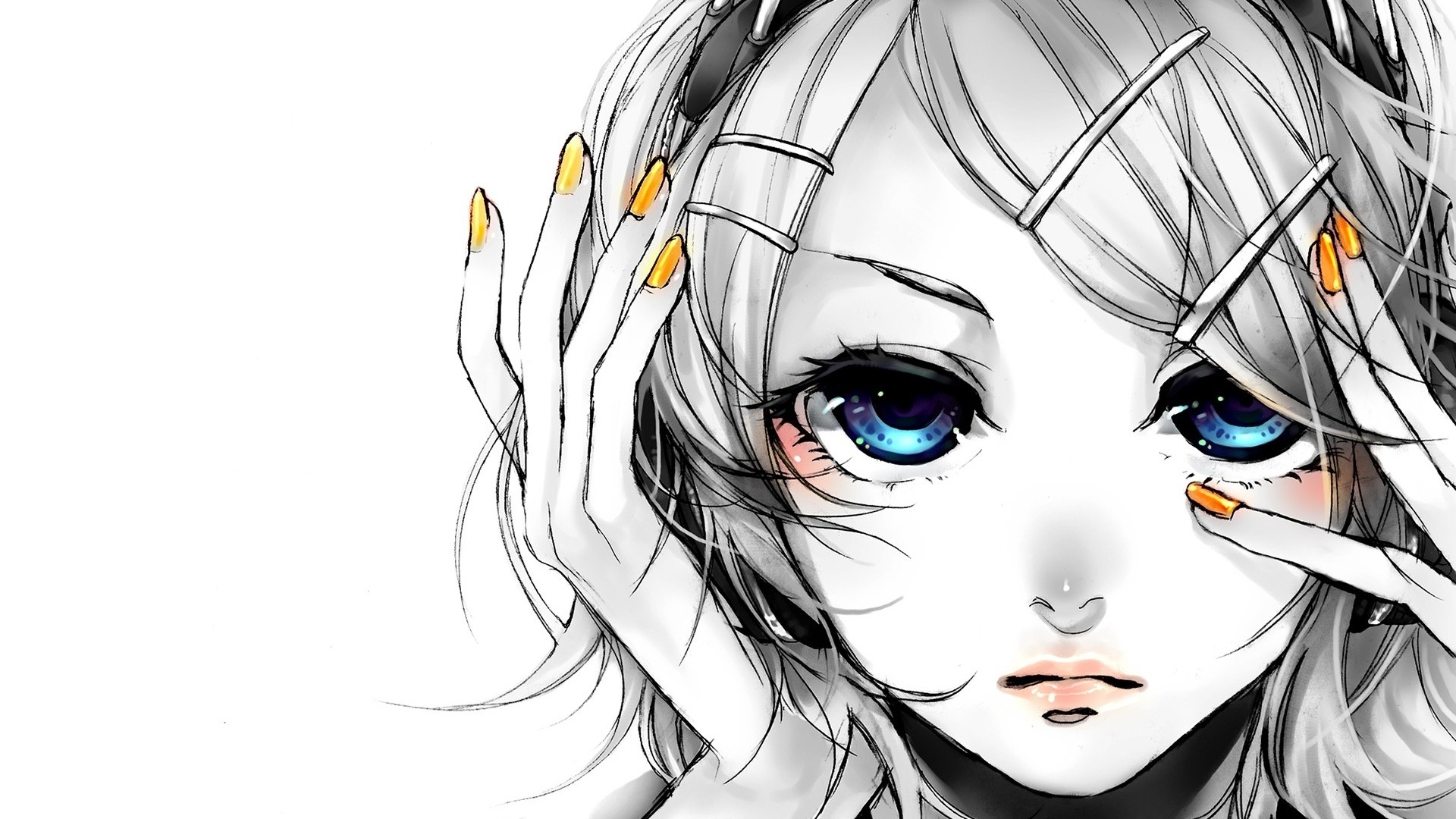 Anime 1920x1080 manga anime girls anime simple background white background face blue eyes painted nails yellow nails closeup looking at viewer