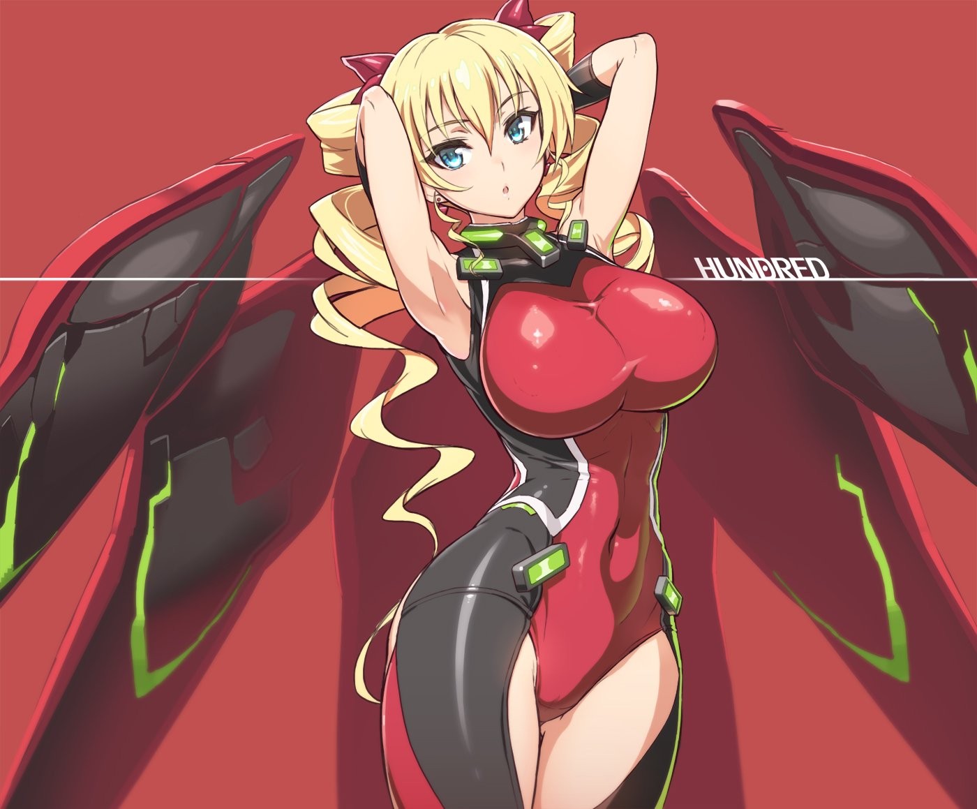 Anime 1400x1159 Hundred Claire Harvey long hair twintails bodysuit big boobs blonde blue eyes anime girls huge breasts boobs curvy wings red background anime