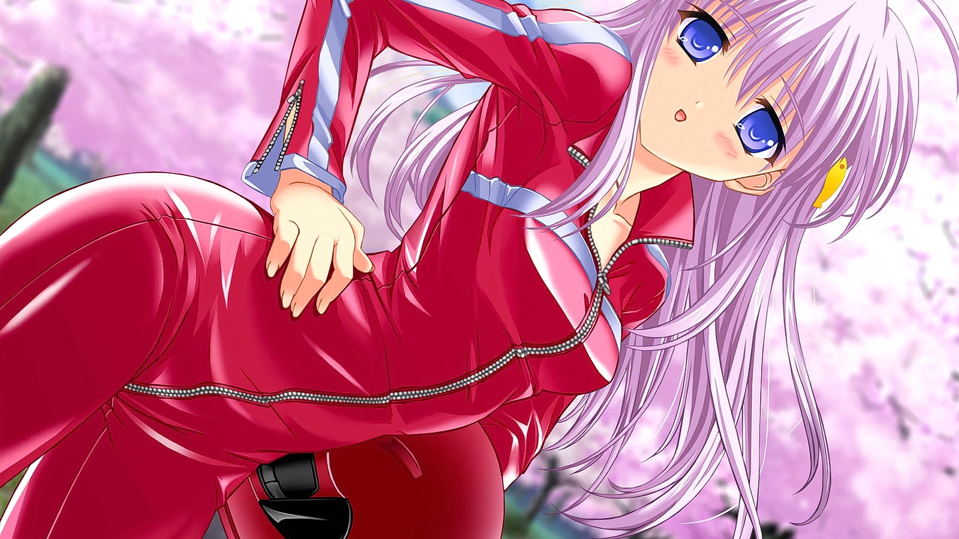 Anime 1920x1080 anime anime girls long hair blue eyes open mouth looking at viewer purple hair zipper red clothing hands on waist