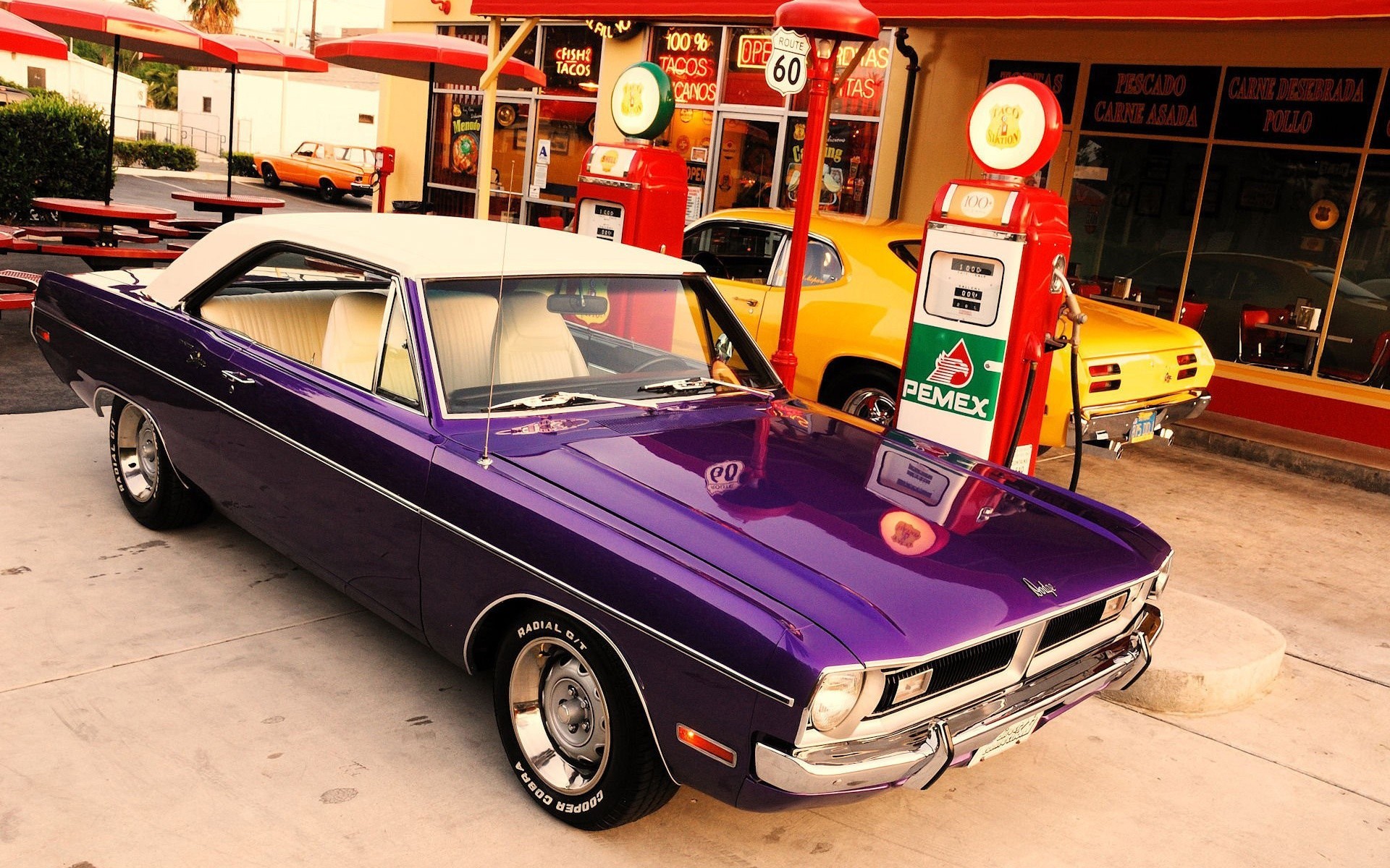 General 1920x1200 classic car car purple cars yellow cars vehicle gas station Dodge American cars