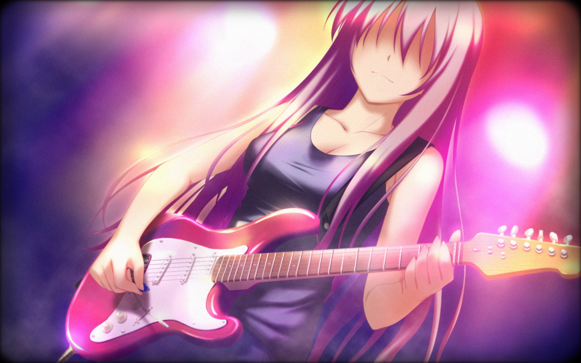 Anime 1920x1200 manga anime girls anime guitar musical instrument purple hair long hair hair in face electric guitar Fender Stratocaster plectrum
