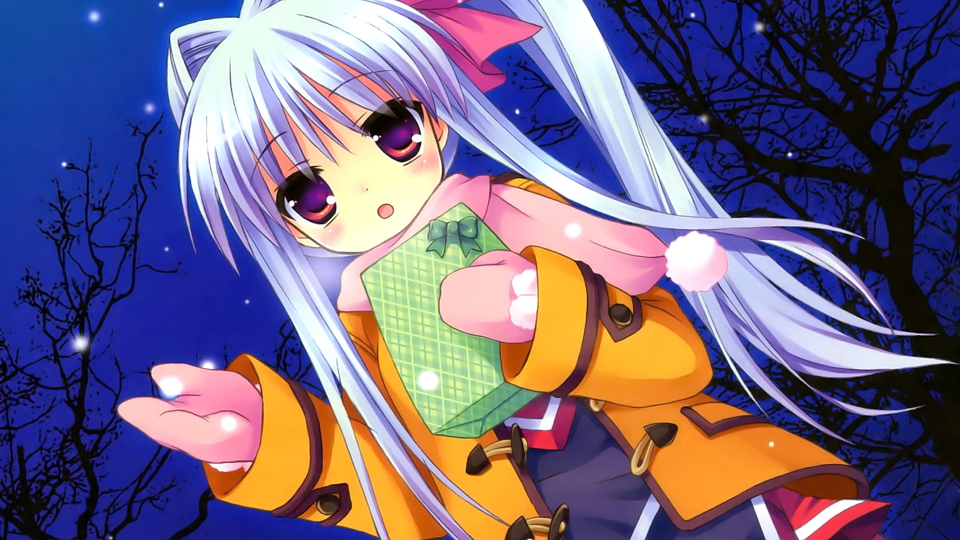 Anime 1920x1080 anime anime girls long hair white hair purple eyes looking at viewer open mouth presents gloves