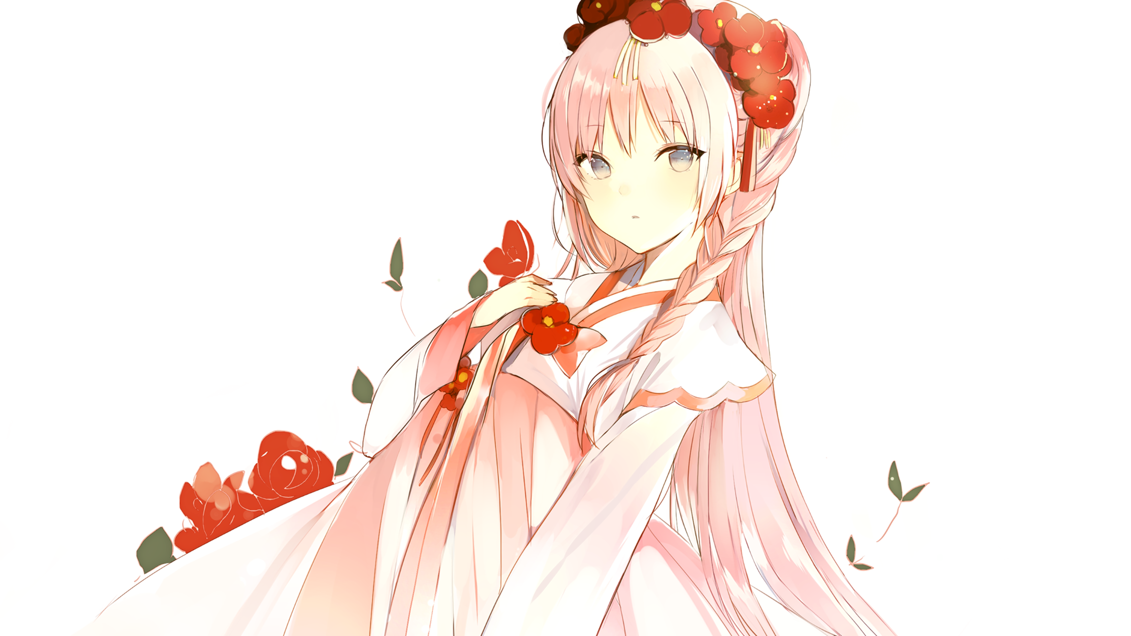Anime 2253x1268 manga anime girls anime pink hair flowers white background simple background flower in hair flower crown looking at viewer women petals plants
